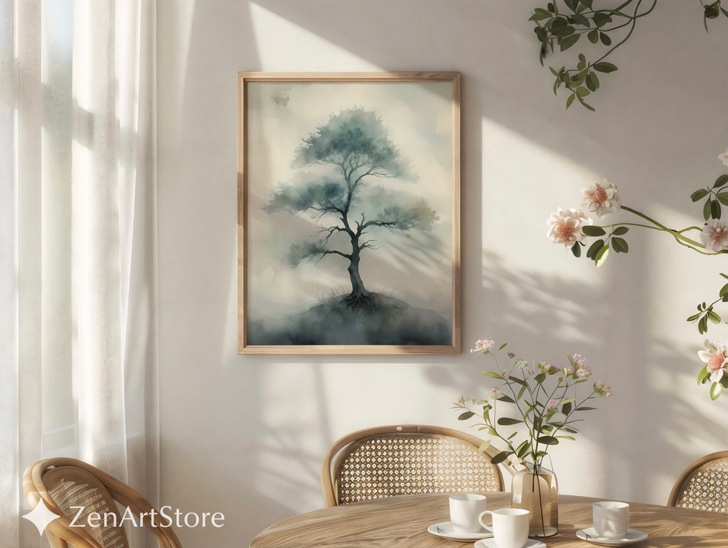 Misty Tree Watercolor Print - Minimal Zen Tree Wall Art, Japandi Neutral Botanical Canvas for Living Room & Bedroom