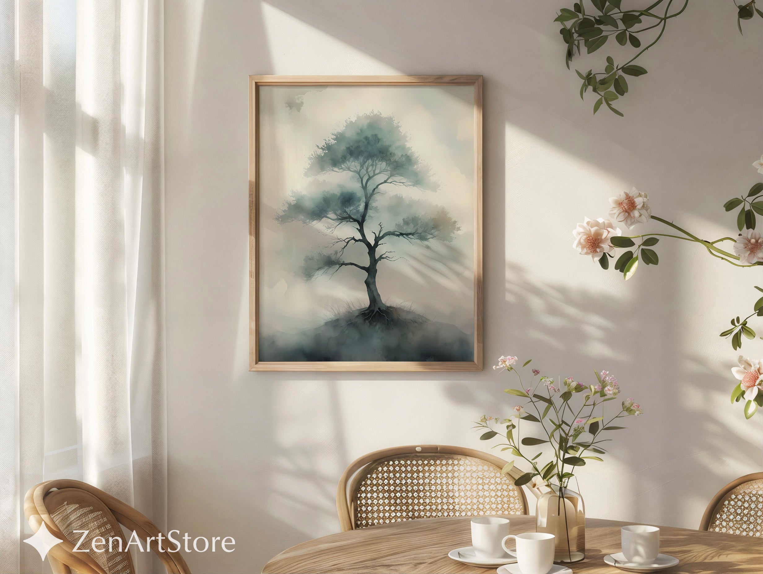 Misty Tree Watercolor Print - Minimal Zen Tree Wall Art, Japandi Neutral Botanical Canvas for Living Room & Bedroom