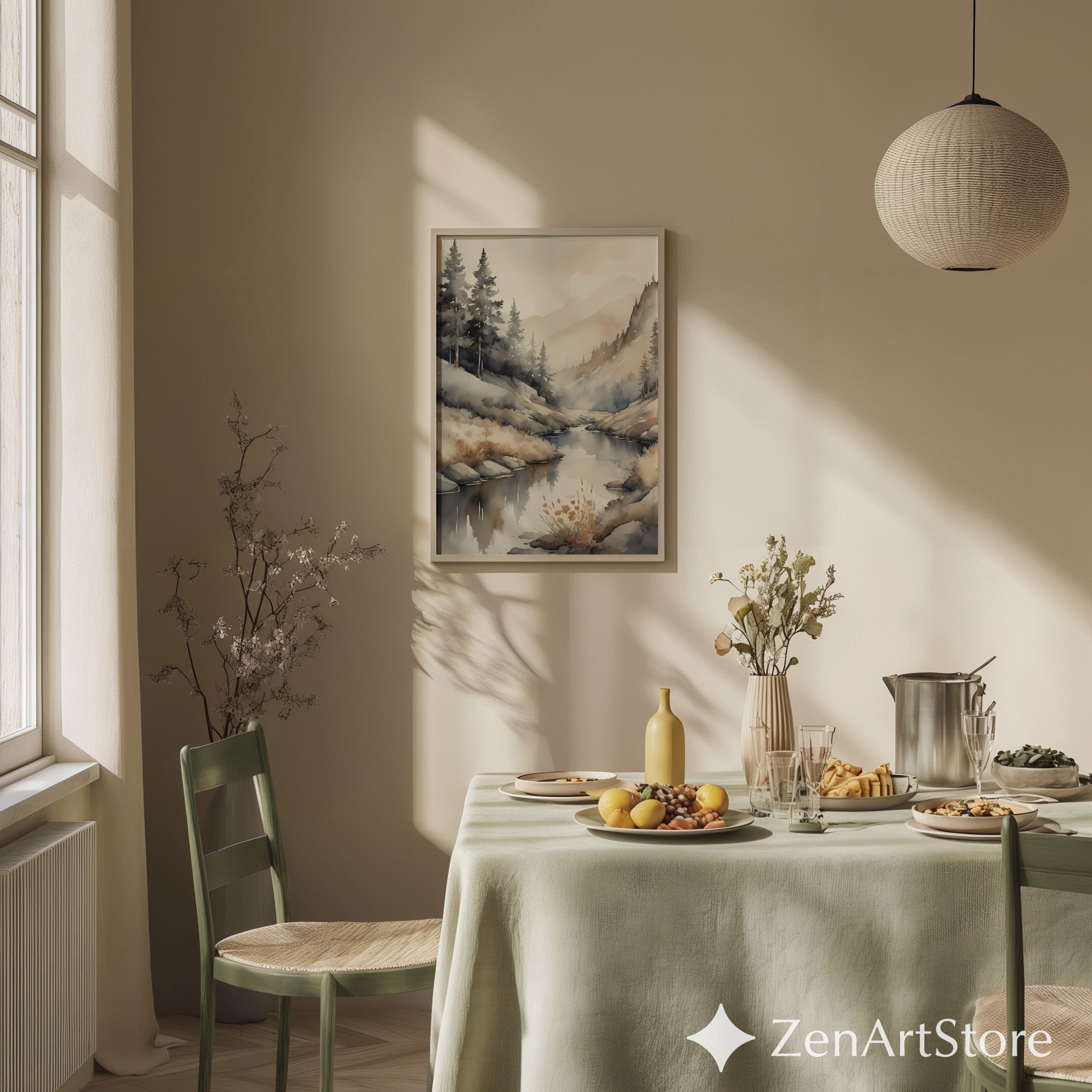 Misty Mountain Watercolor Print - Neutral River Landscape Japandi Wabi-Sabi Wall Art Calm Beige Minimal Home Decor