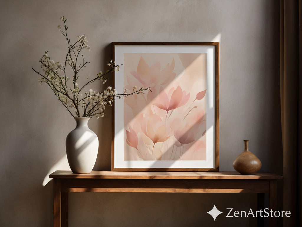 Blush Botanical Wall Art - Soft Pink Floral Abstract Print for Living Room Bedroom Nursery - Minimal Japandi Neutral Home Decor