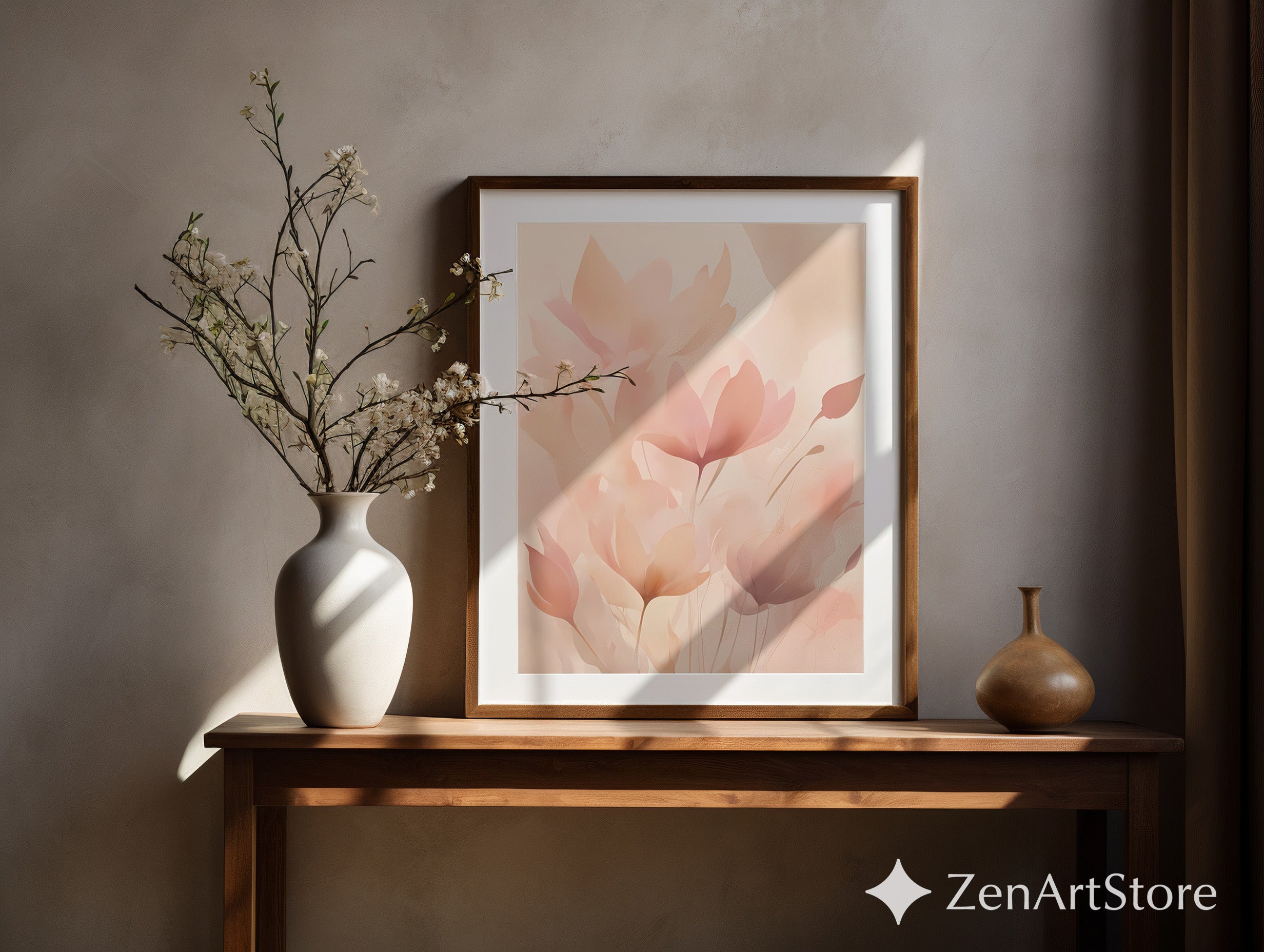 Blush Botanical Wall Art - Soft Pink Floral Abstract Print for Living Room Bedroom Nursery - Minimal Japandi Neutral Home Decor