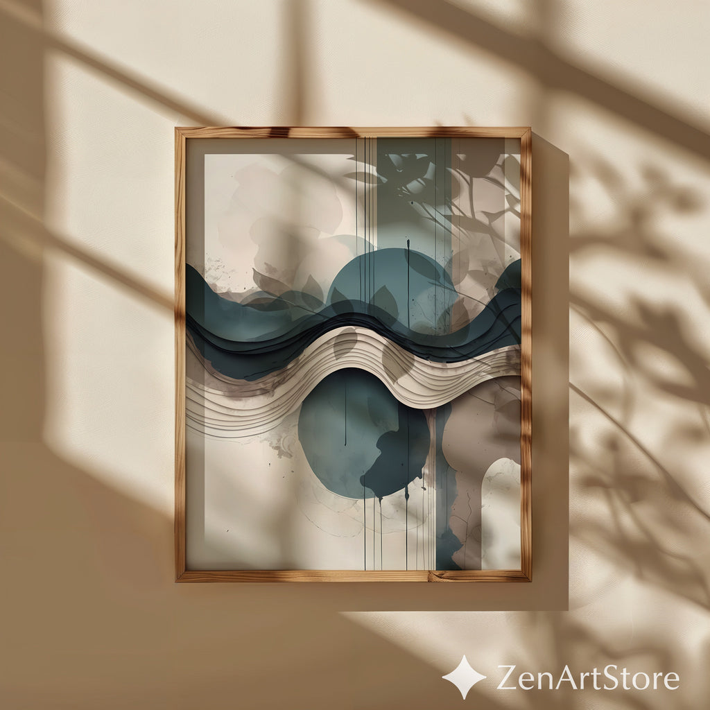 Layered Abstract Landscape Wall Art - Japandi Teal Beige Minimalist Print for Living Room & Bedroom
