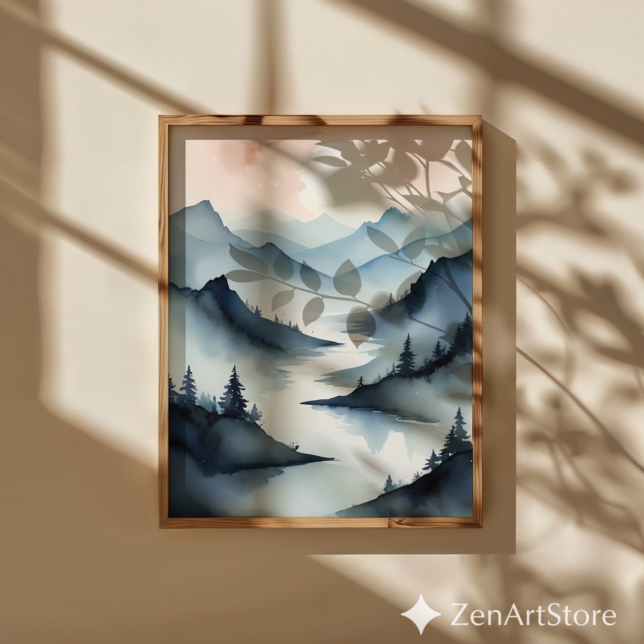Misty Mountain Watercolor Print - Minimalist Landscape Wall Art, Japandi Scandinavian Calm Neutral Blue Beige Home Decor