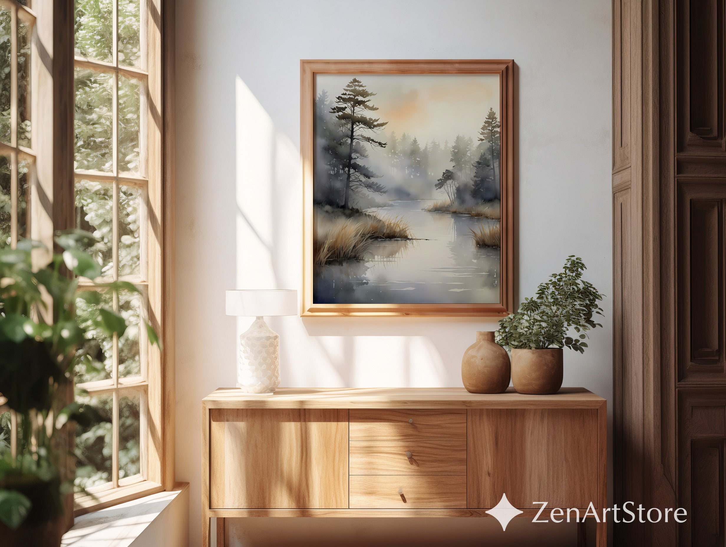 Misty Lake Watercolor Wall Art - Neutral Scandinavian Japandi Landscape Print for Calm Living Room Decor