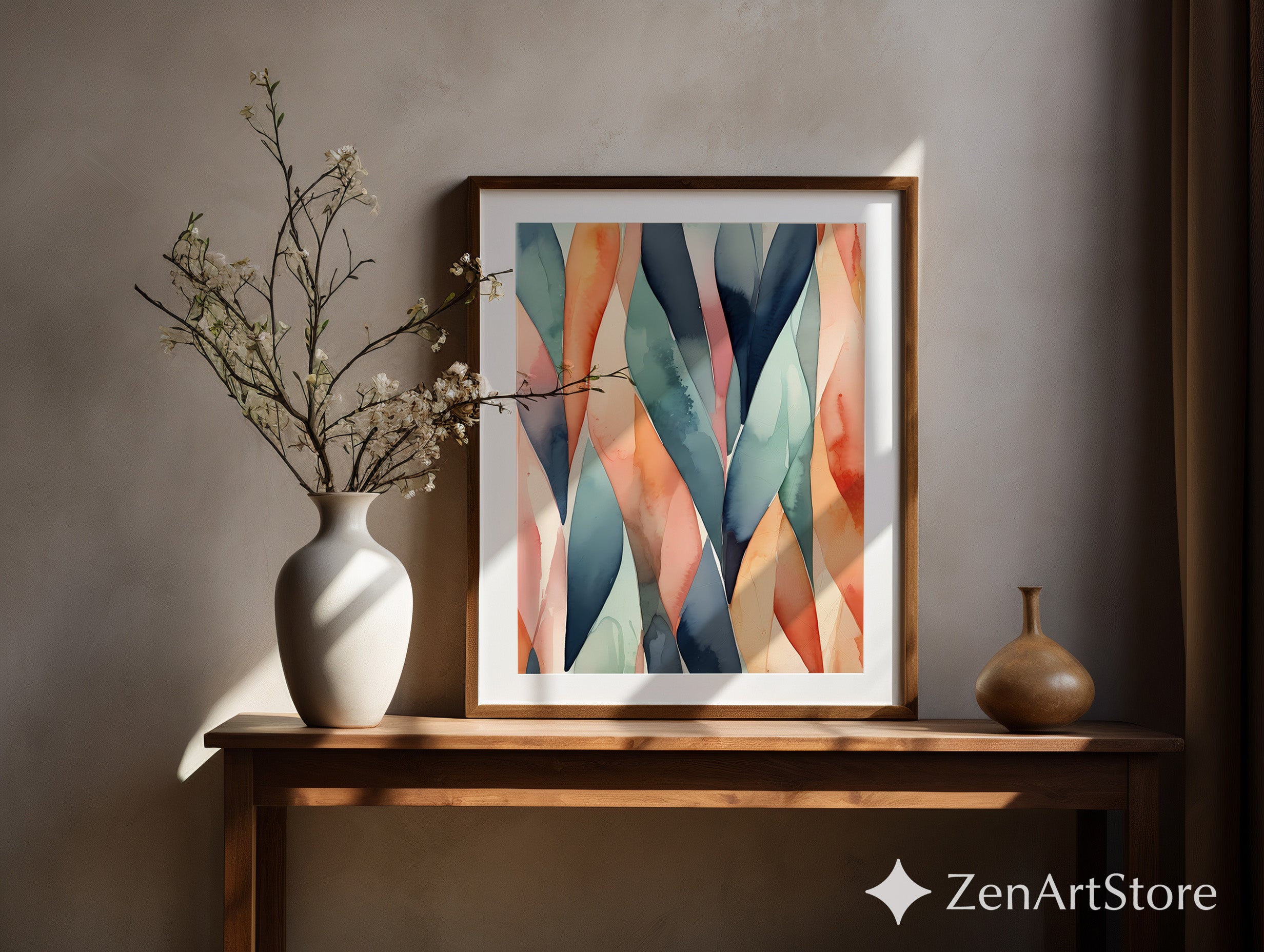 Abstract Watercolor Leaf Art Print - Teal Coral Minimal Botanical Wall Decor for Modern Living Room