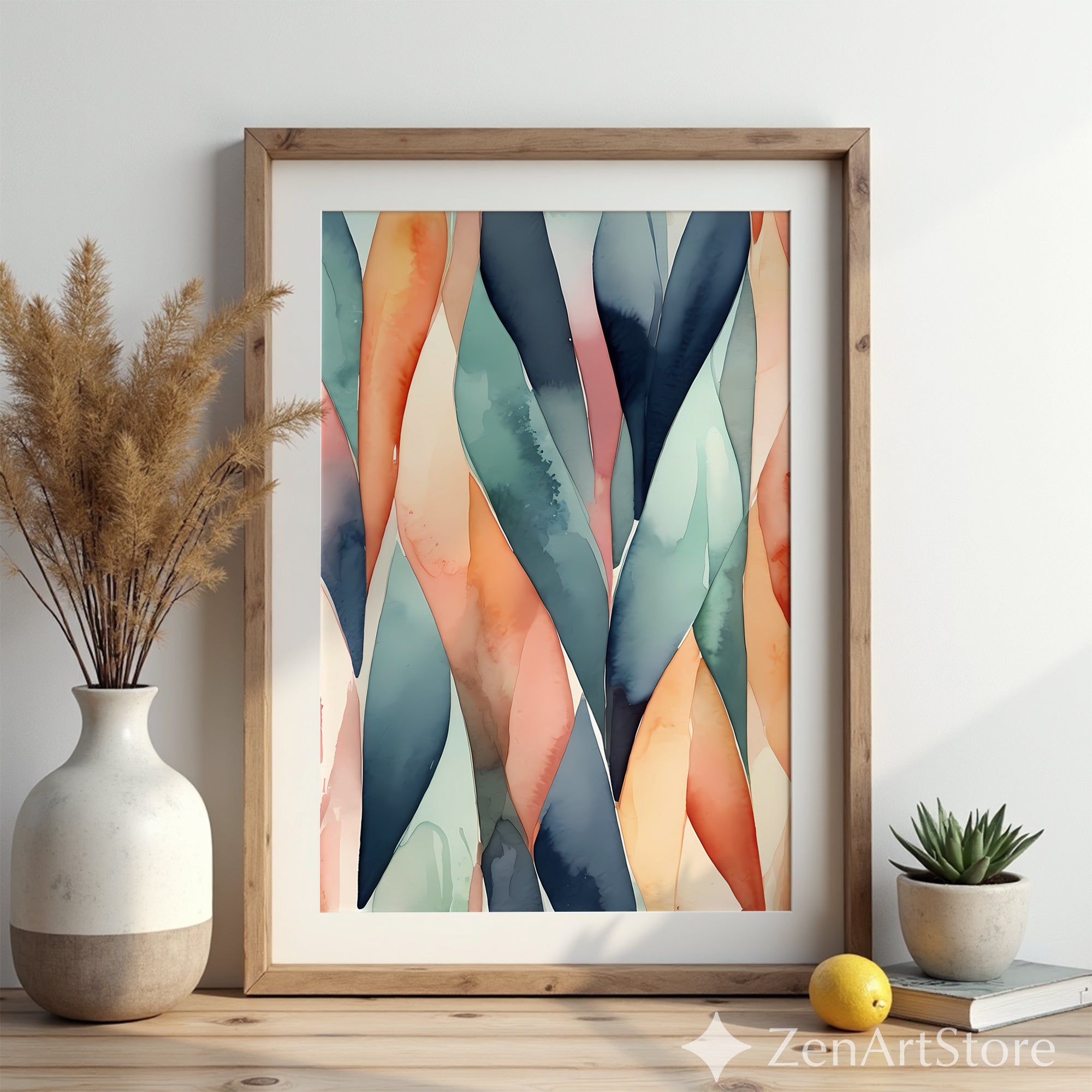 Abstract Watercolor Leaf Art Print - Teal Coral Minimal Botanical Wall Decor for Modern Living Room