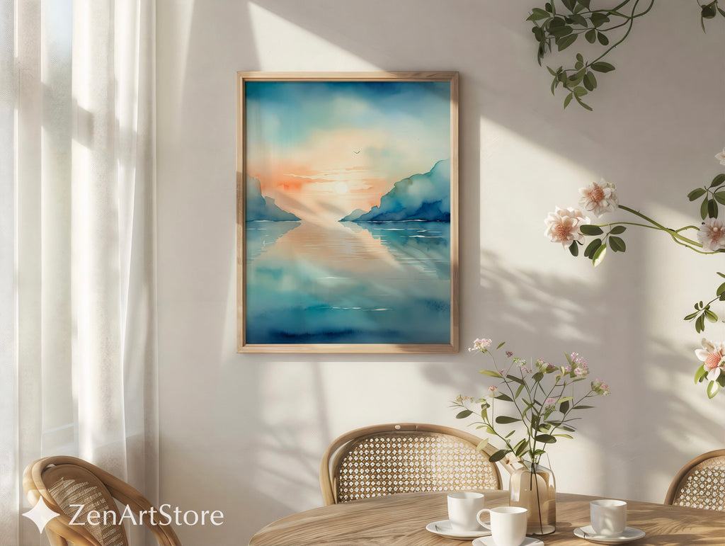 Calm Coastal Sunset Watercolor Print - Minimal Seascape Wall Art, Zen Japandi Blue Peach Ocean Landscape