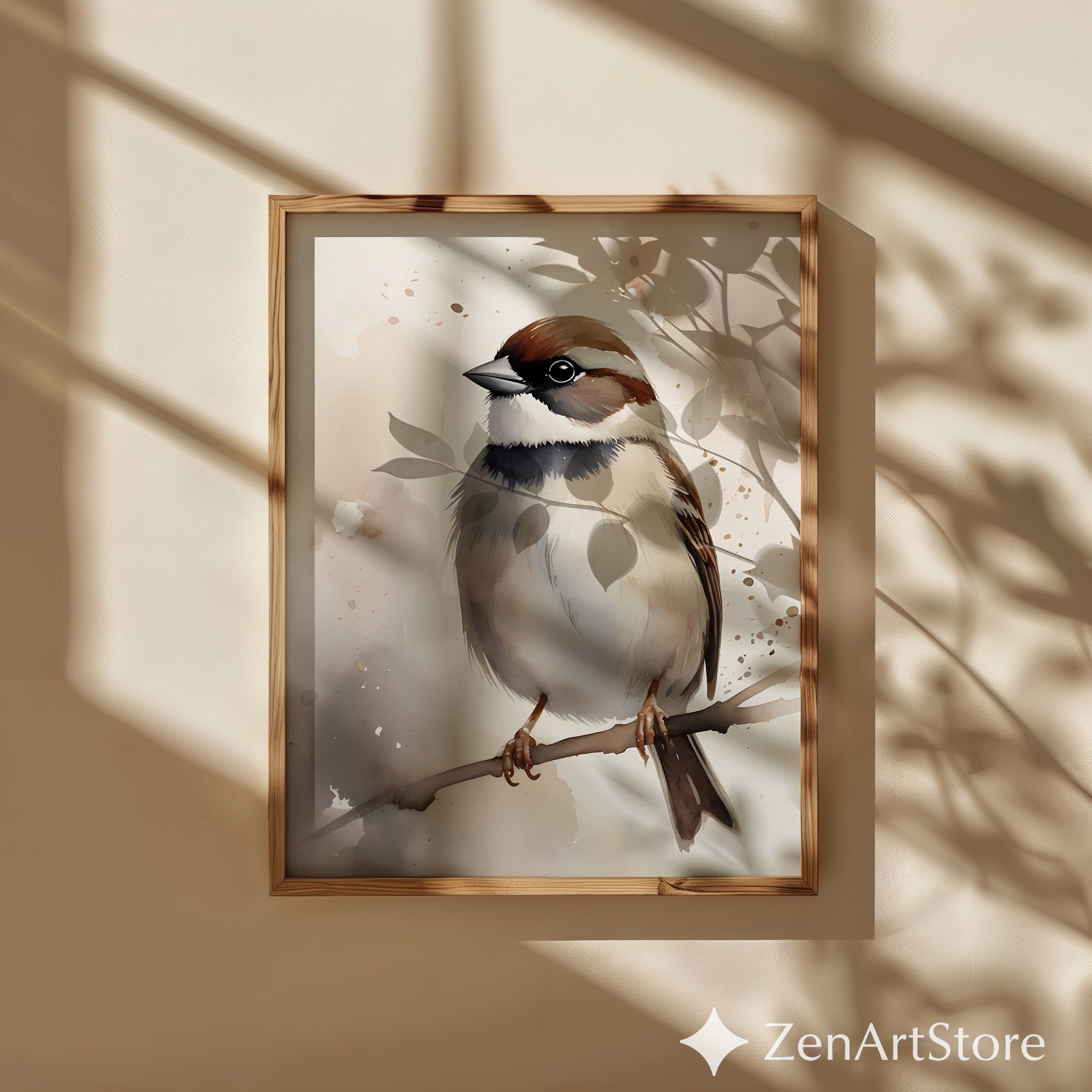 Neutral Sparrow Watercolor Art Print - Minimal Bird Wall Decor for Japandi, Scandinavian & Boho Home