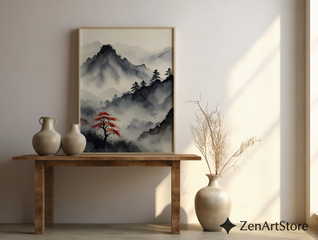 Misty Mountain Sumi-e Print with Red Maple – Zen Minimal Japandi Wall Art, Neutral Wabi-Sabi Landscape for Living Room