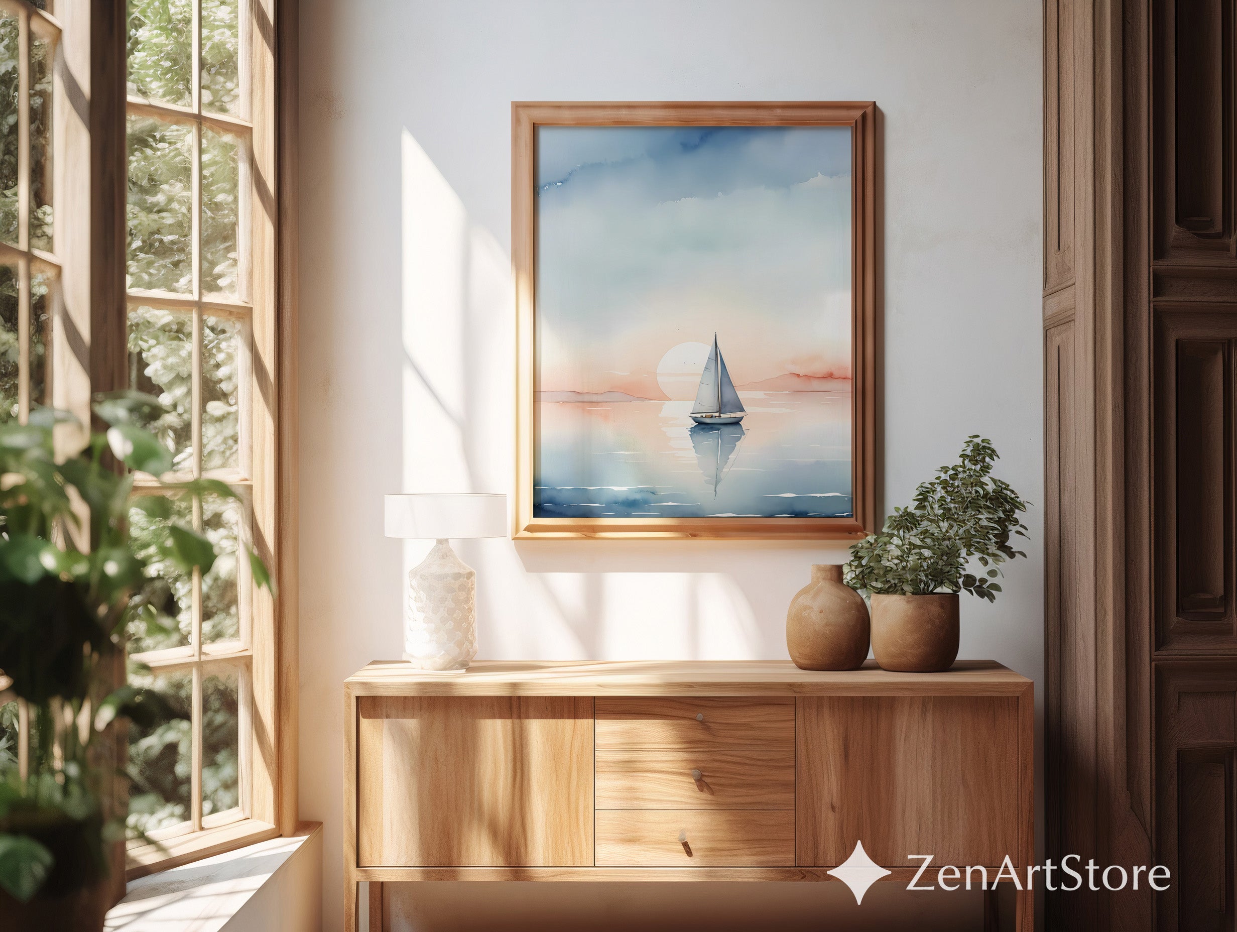 Sailboat Watercolor Print - Calm Pastel Seascape Wall Art for Coastal, Minimal & Japandi Home Decor