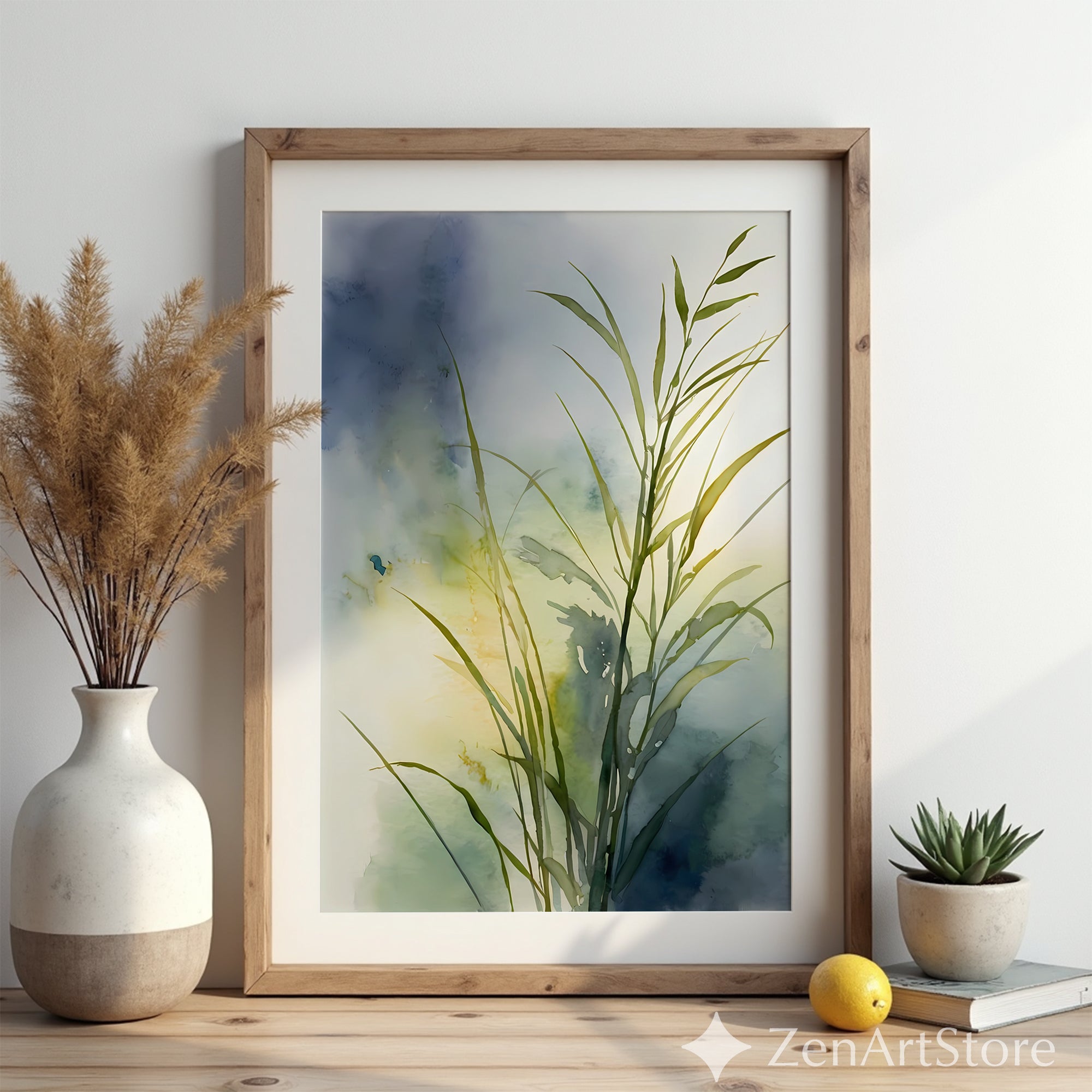 Watercolor Grass Botanical Print - Minimal Zen Plant Art for Japandi, Scandinavian & Boho Home Decor