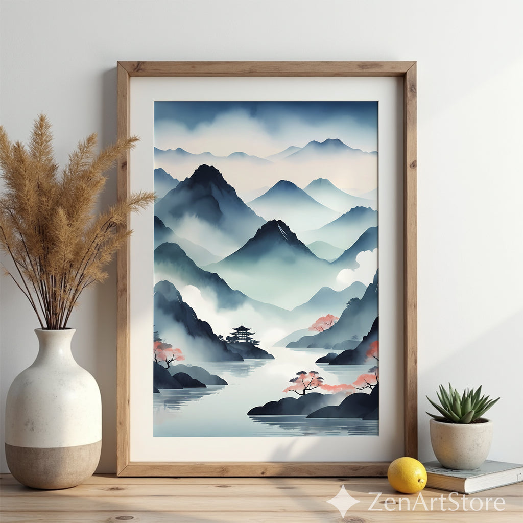 Misty Mountain Japanese Landscape Print - Zen Japandi Watercolor Wall Art for Living Room