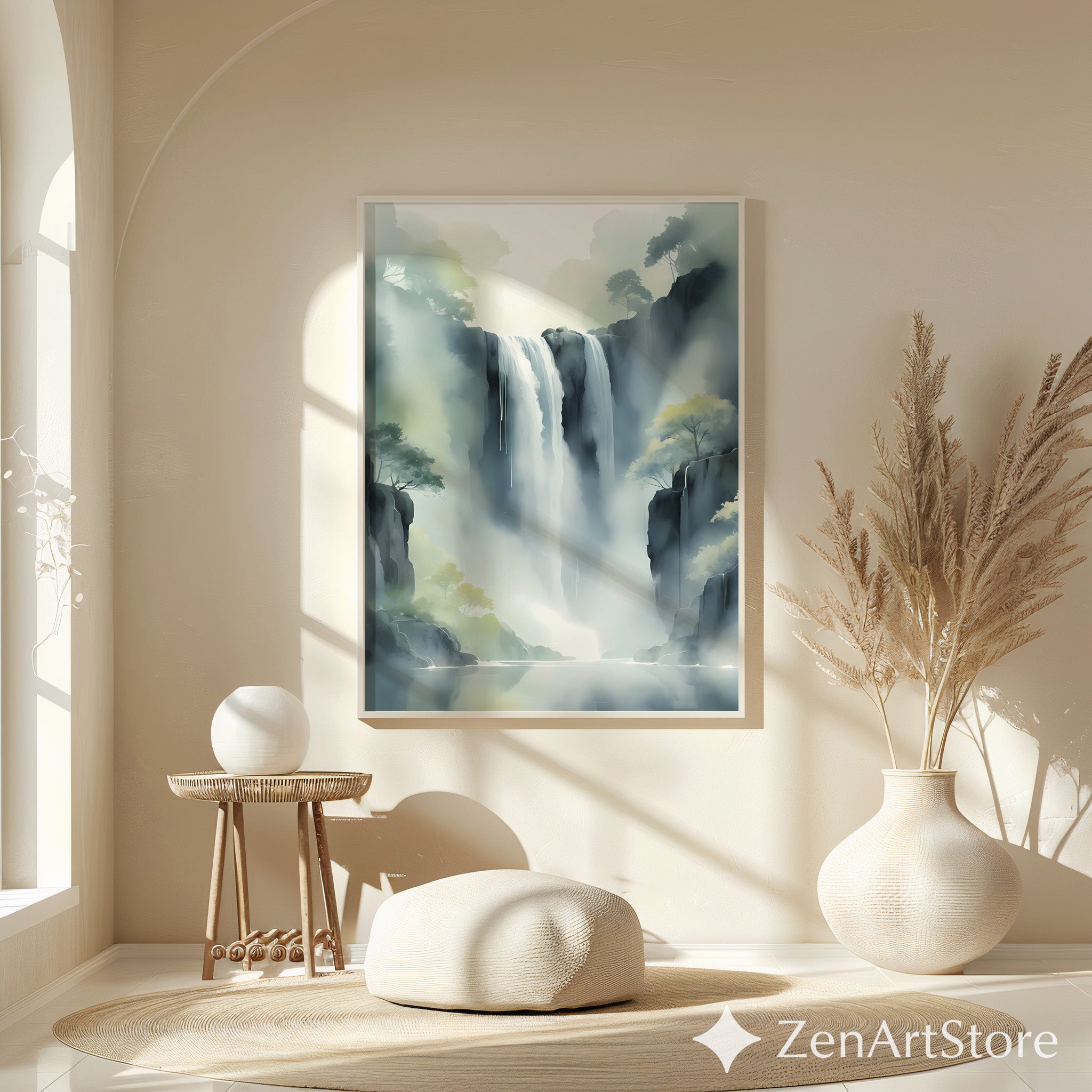 Misty Waterfall Wall Art Printable — Zen Japandi Landscape, Minimal Neutral Nature Print for Living Room & Bedroom