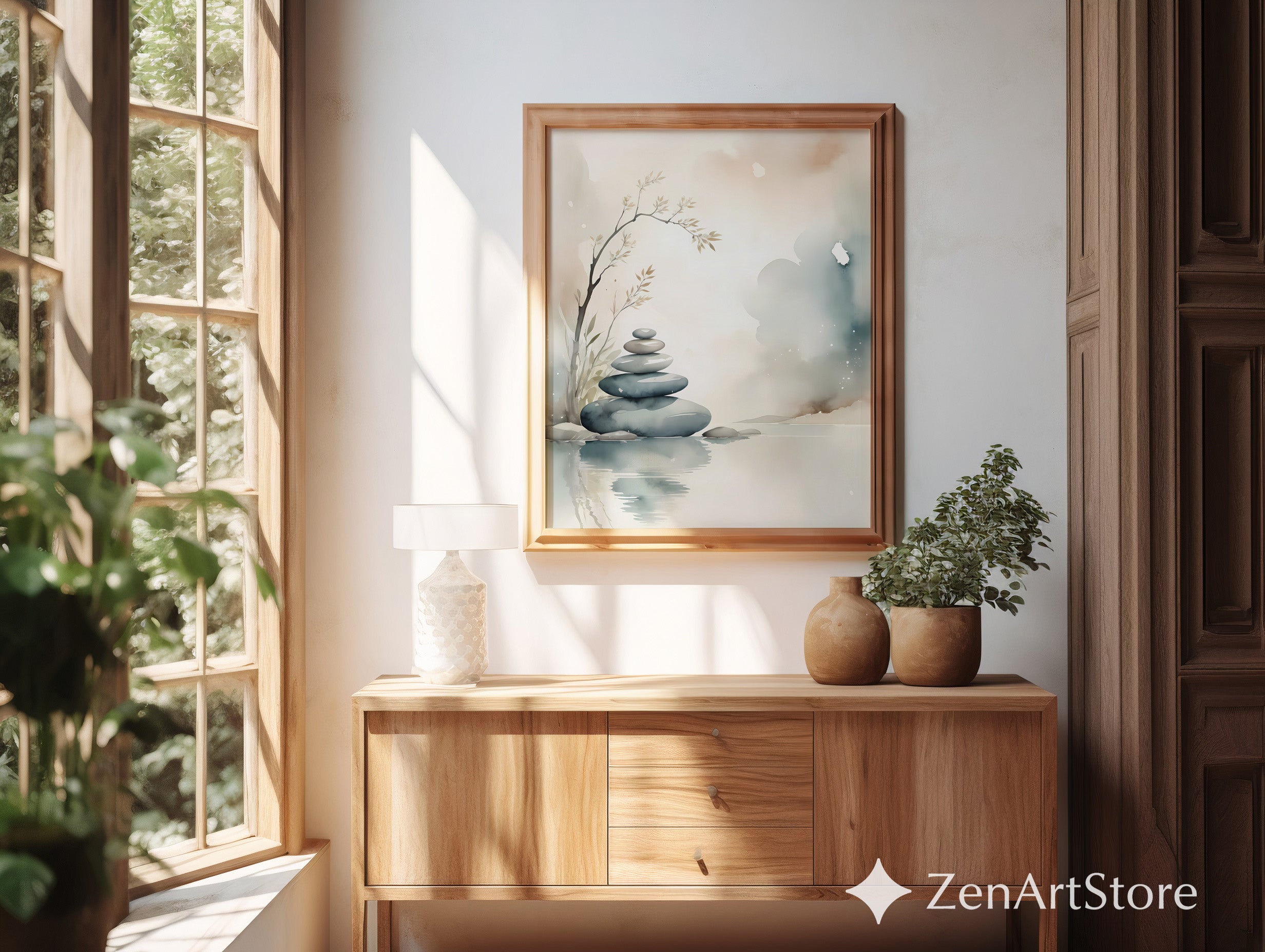 Zen Stones Watercolor Print - Minimal Neutral Wall Art for Spa, Meditation & Japandi Home Decor