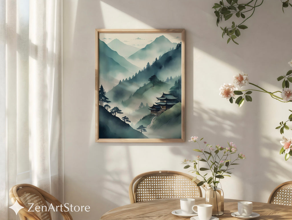 Misty Mountain Temple Wall Art - Zen Japandi Japanese Landscape Print - Minimal Wabi Sabi Home Decor