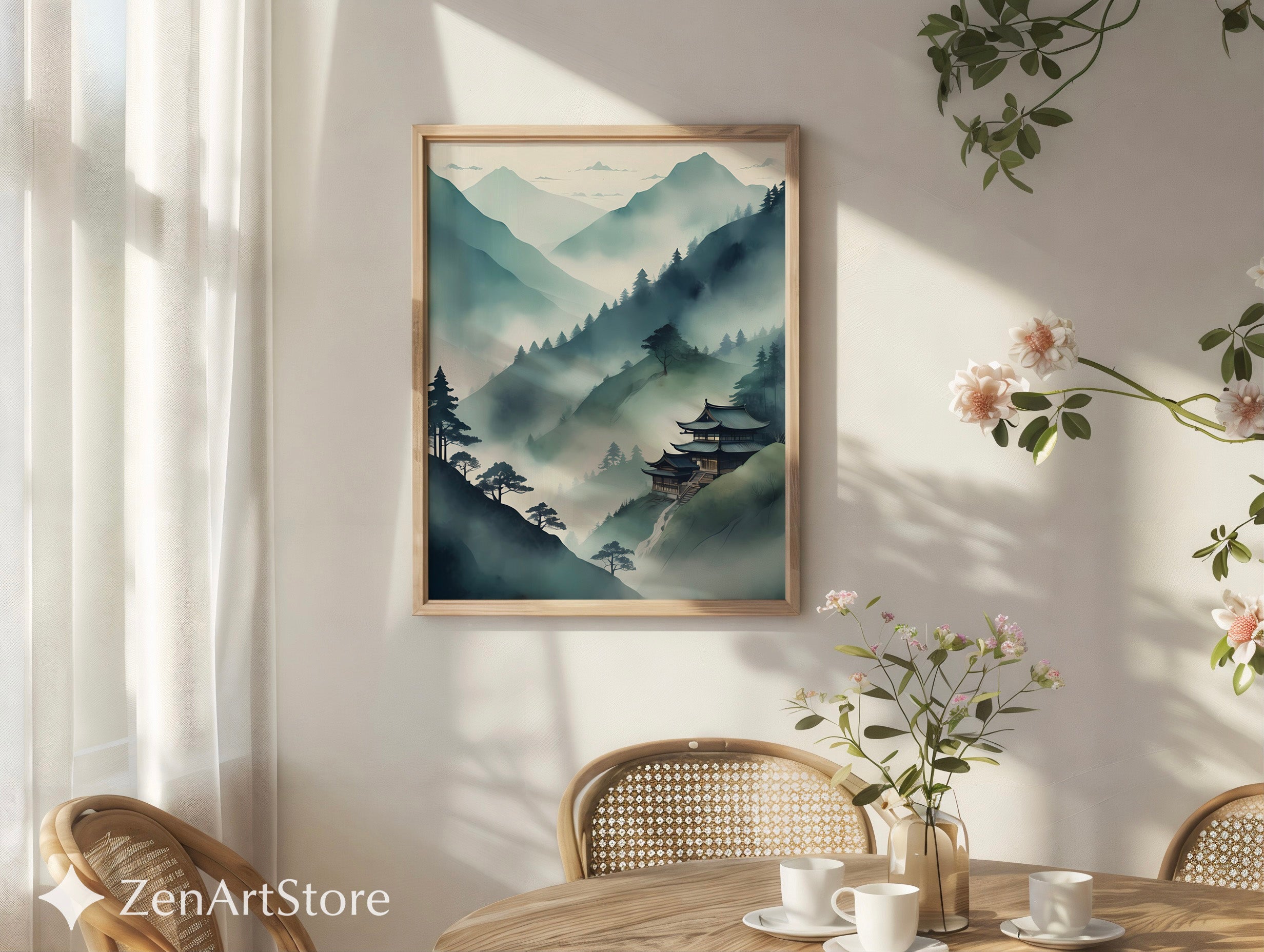 Misty Mountain Temple Wall Art - Zen Japandi Japanese Landscape Print - Minimal Wabi Sabi Home Decor