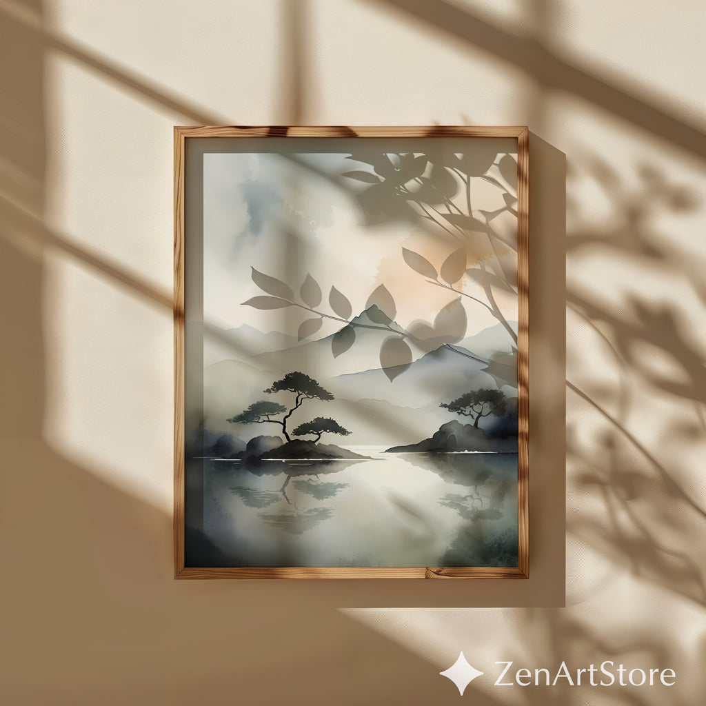 Zen Minimal Watercolor Mountain Print - Japandi Neutral Landscape Wall Art for Living Room