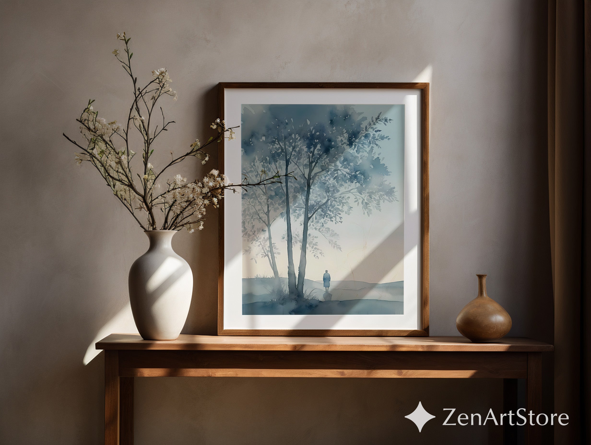 Misty Blue Watercolor Tree Landscape Print - Zen Minimal Wall Art for Living Room, Bedroom, Japandi & Scandinavian Decor