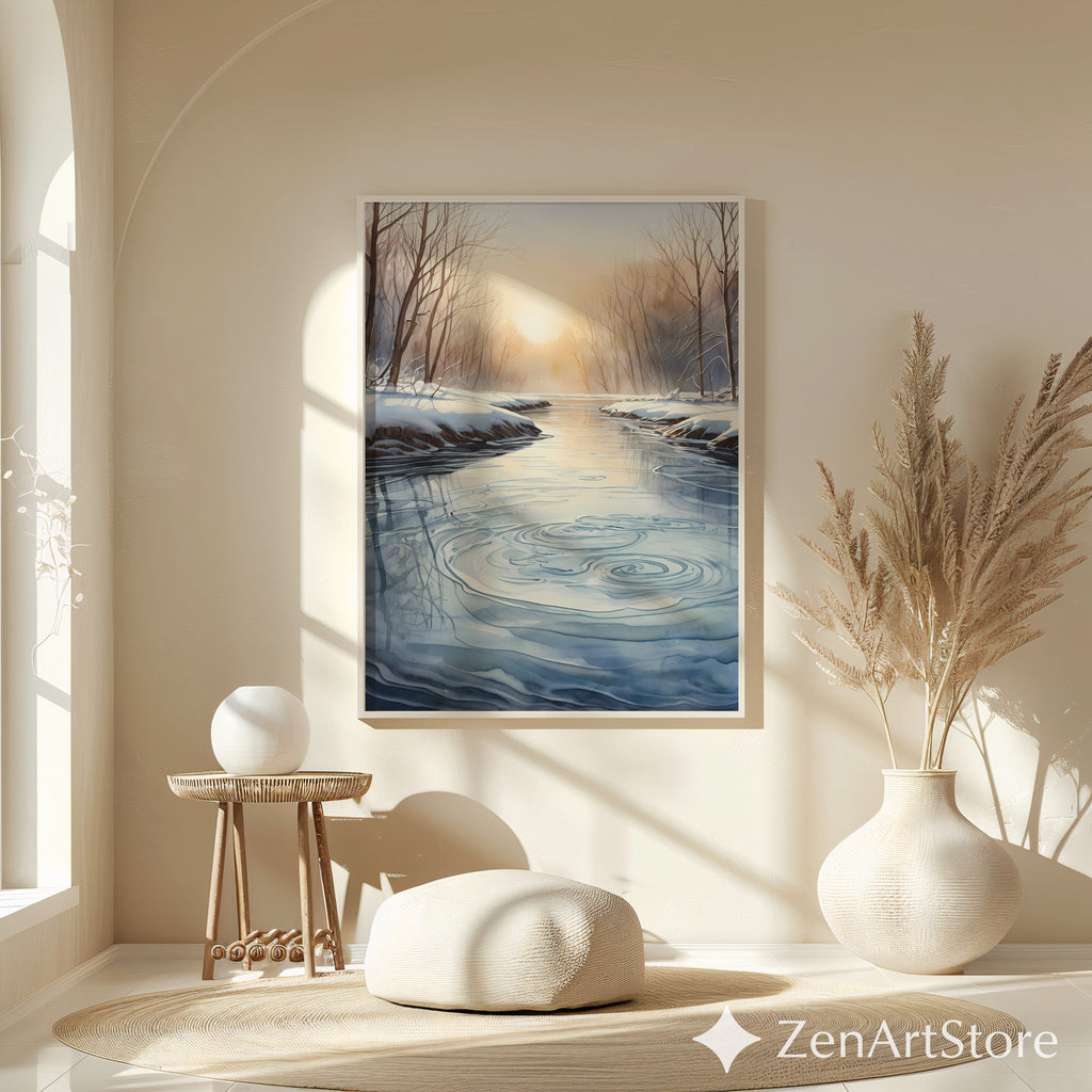 Winter River Sunrise Print - Minimal Scandinavian Landscape Wall Art, Neutral Japandi Zen Home Decor