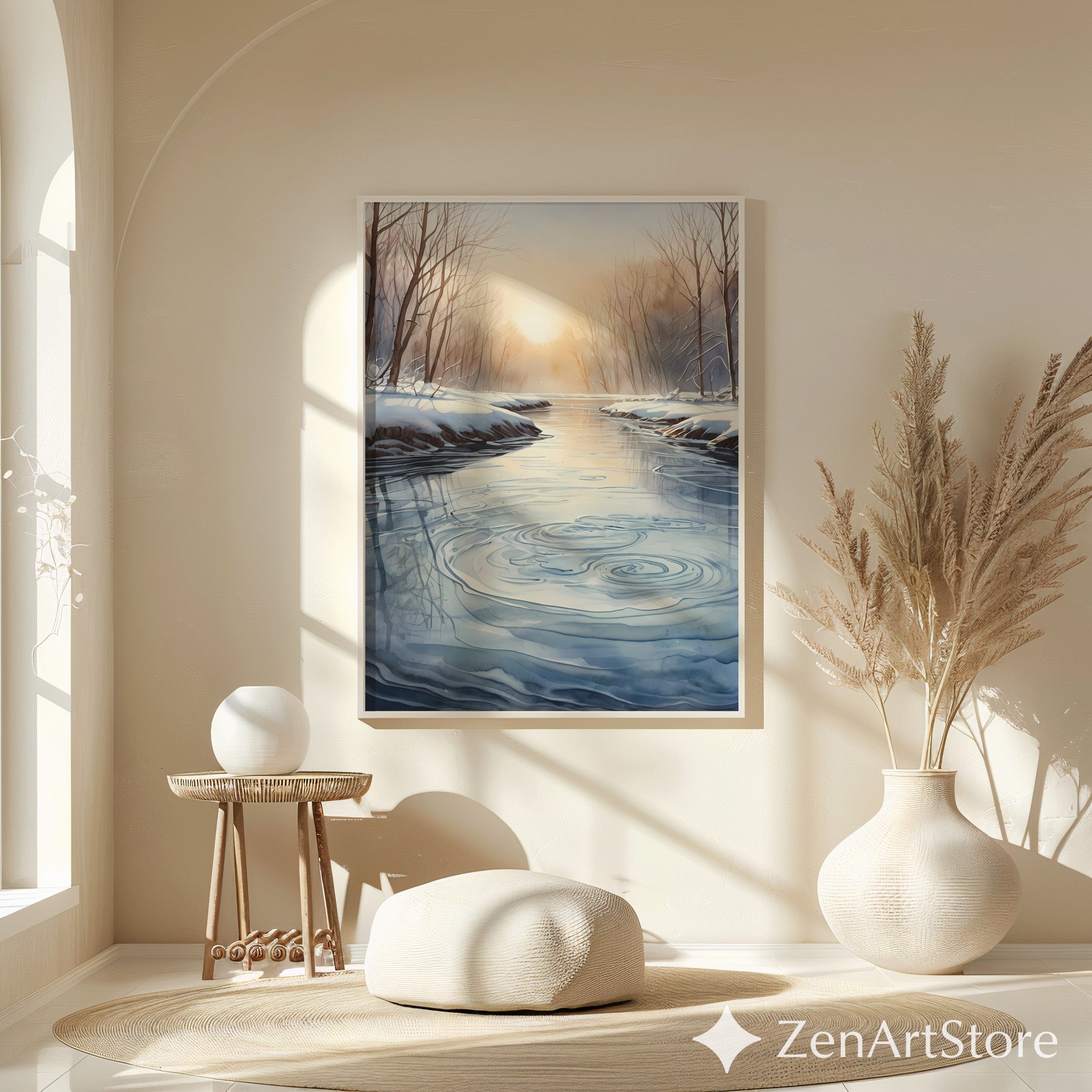 Winter River Sunrise Print - Minimal Scandinavian Landscape Wall Art, Neutral Japandi Zen Home Decor