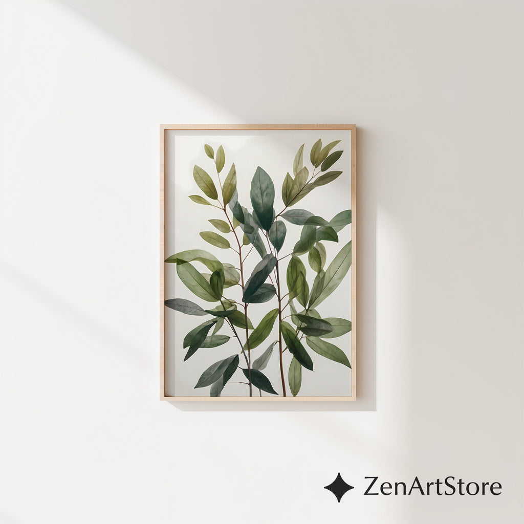Minimal Green Leaves Botanical Wall Art - Modern Neutral Plant Print for Scandinavian Japandi Home Decor