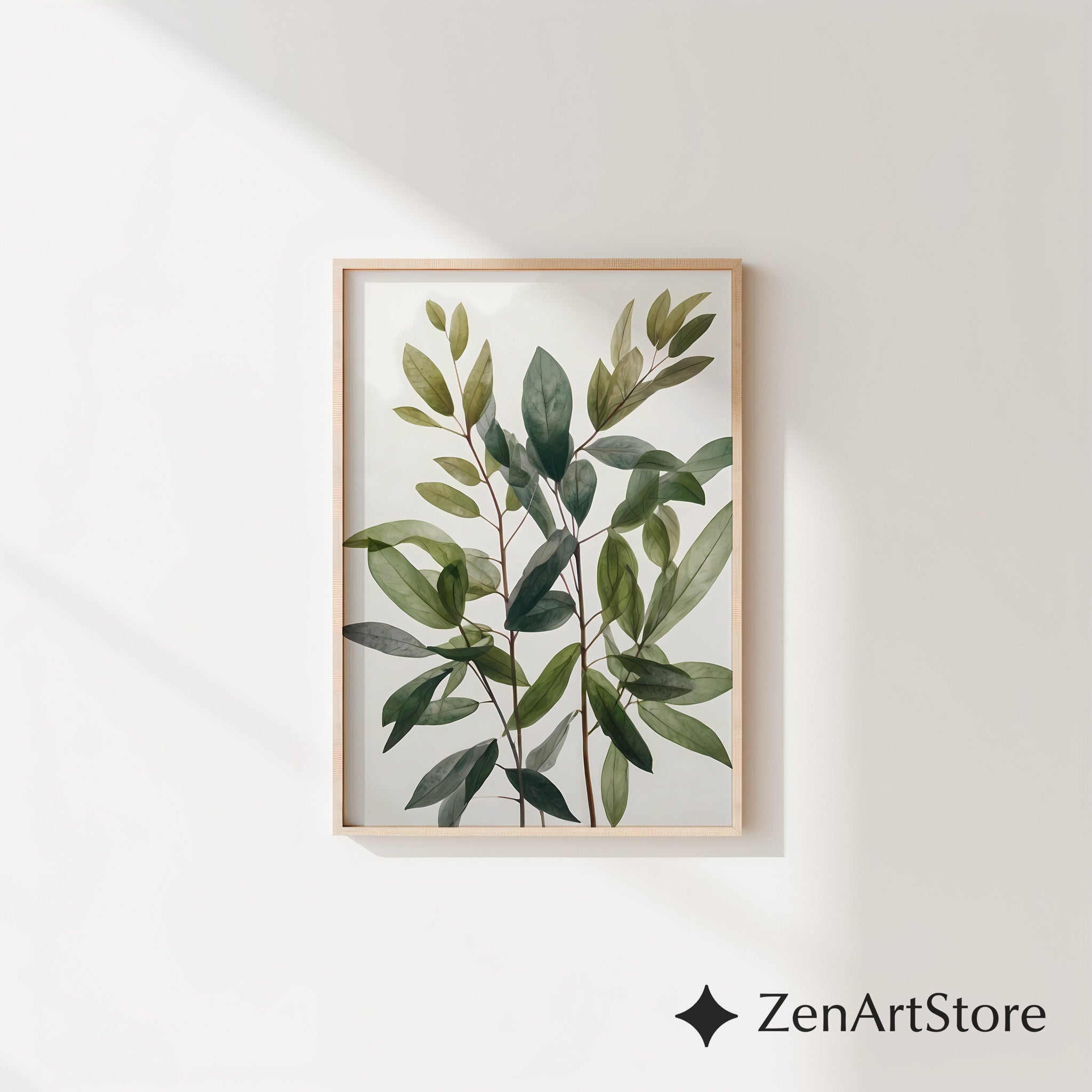 Minimal Green Leaves Botanical Wall Art - Modern Neutral Plant Print for Scandinavian Japandi Home Decor