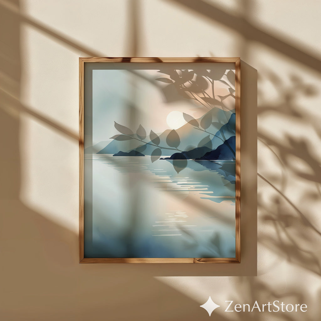 Minimalist Mountain Lake Sunrise Wall Art - Calming Japandi Landscape Print in Neutral Blue & Beige