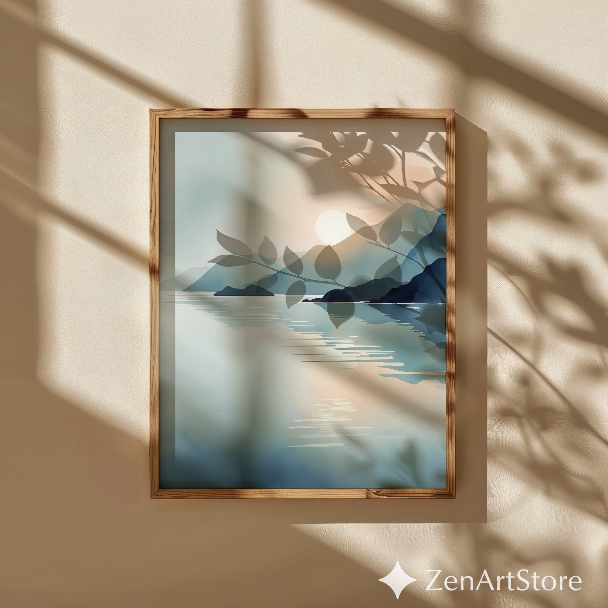 Minimalist Mountain Lake Sunrise Wall Art - Calming Japandi Landscape Print in Neutral Blue & Beige