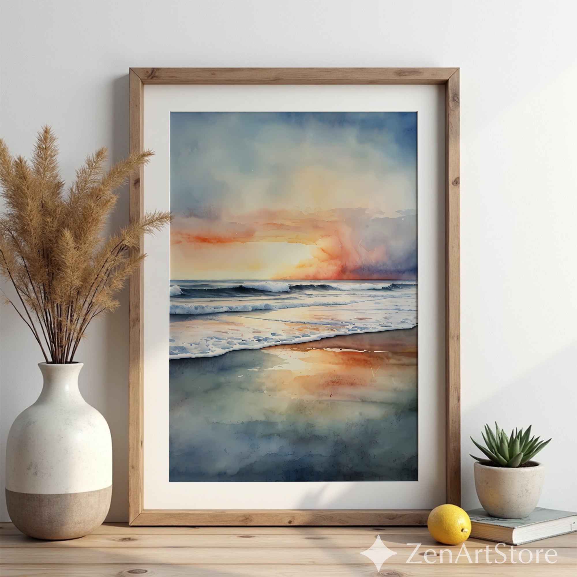 Watercolor Seascape Sunset Print - Calming Coastal Wall Art for Living Room, Bedroom, Minimal Japandi Beach Decor