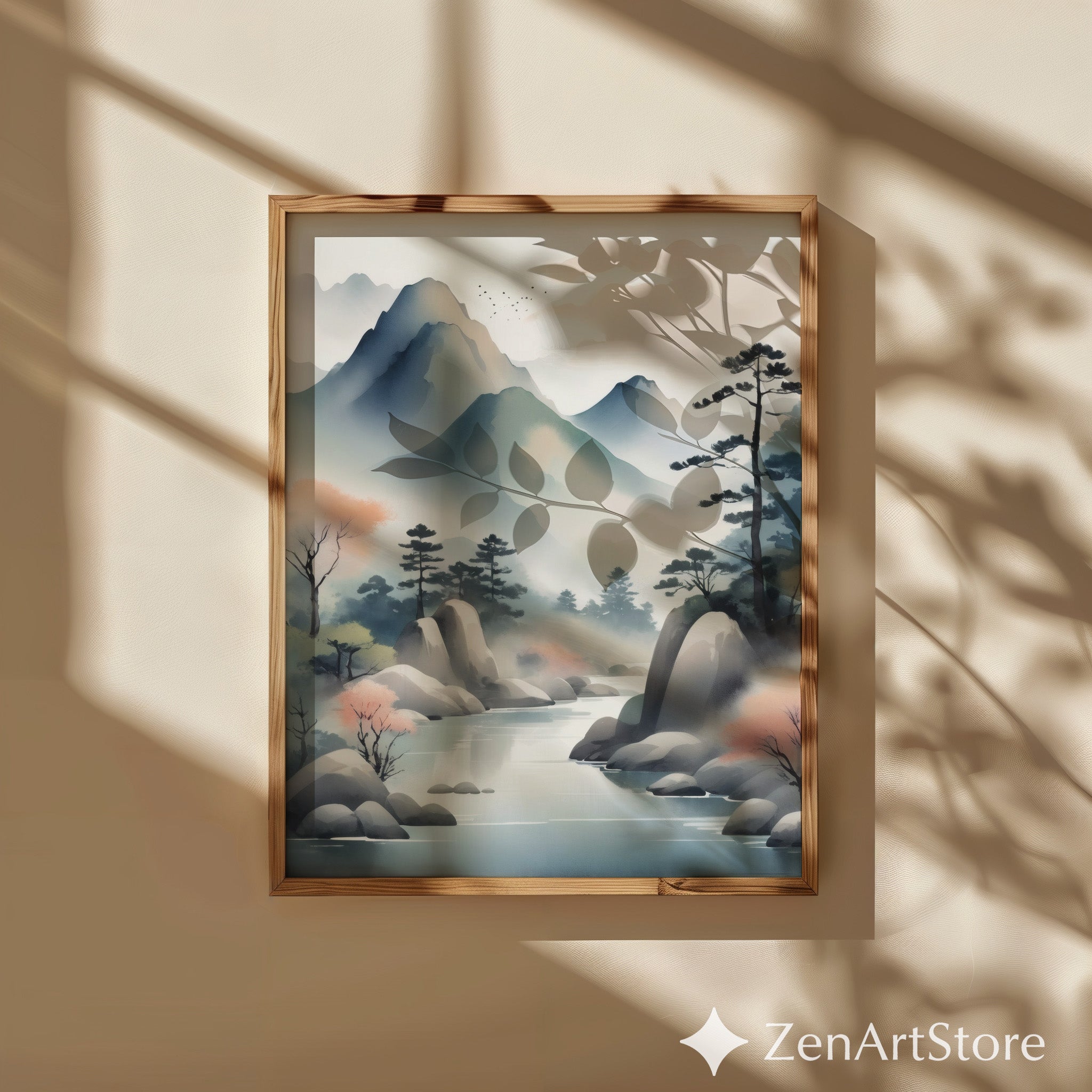 Misty Mountain River Watercolor Print - Japandi Zen Landscape Art for Minimal Neutral Home Decor