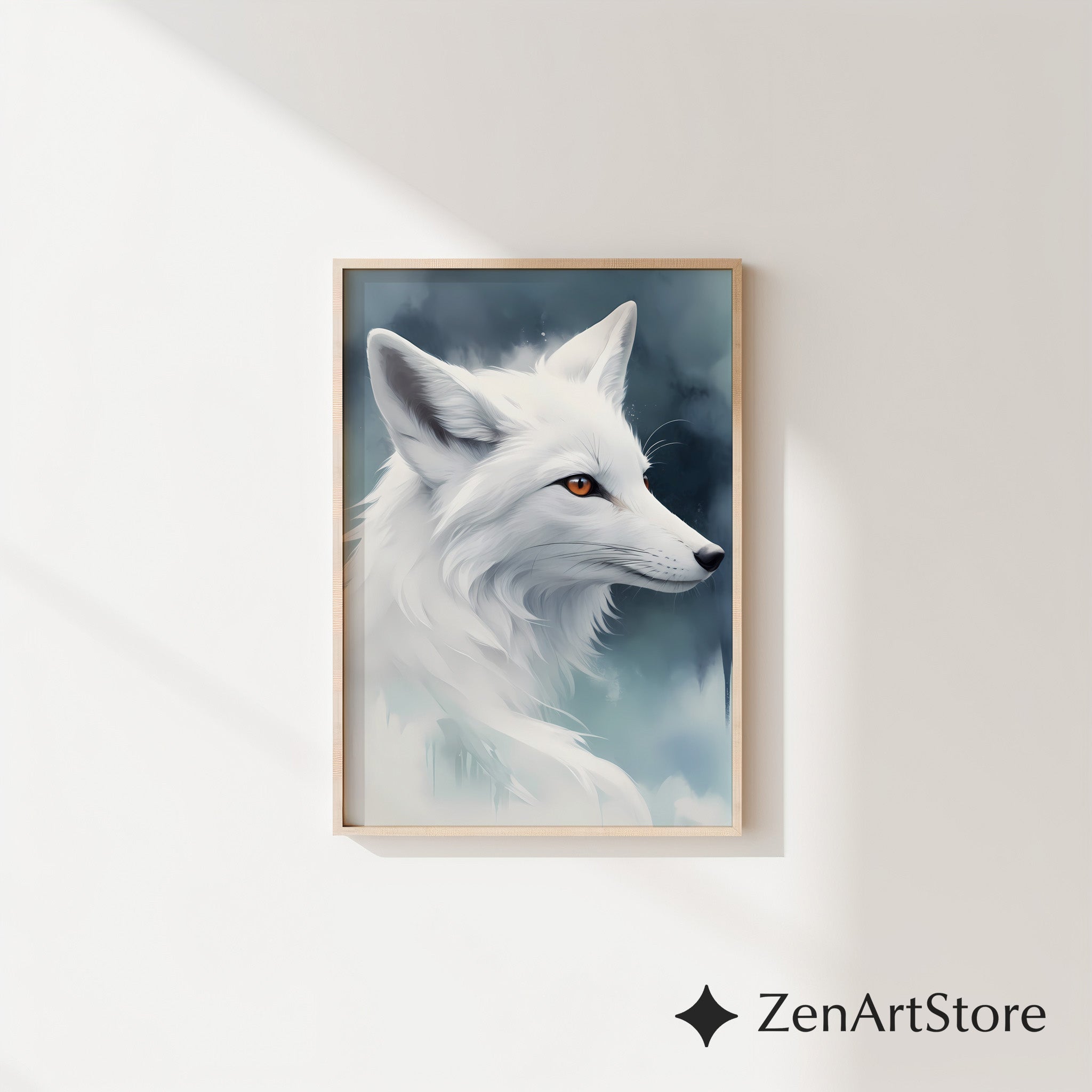 White Fox Wall Art - Minimal Arctic Fox Print, Scandinavian Zen Animal Portrait for Modern Home Decor