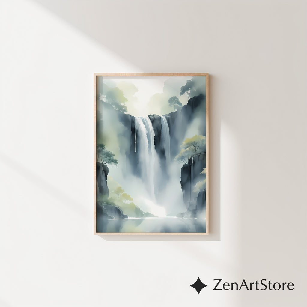 Misty Waterfall Wall Art Printable — Zen Japandi Landscape, Minimal Neutral Nature Print for Living Room & Bedroom