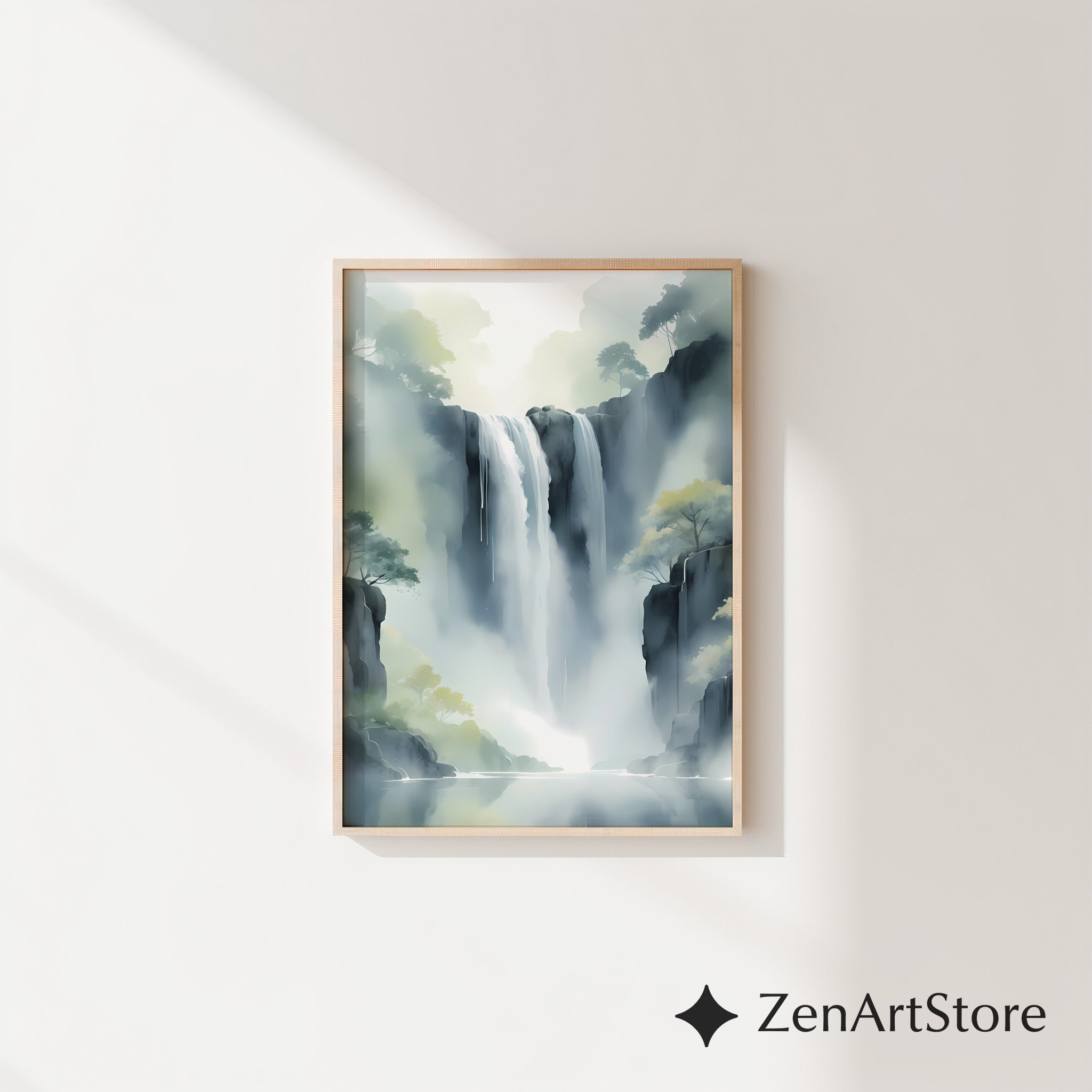 Misty Waterfall Wall Art Printable — Zen Japandi Landscape, Minimal Neutral Nature Print for Living Room & Bedroom