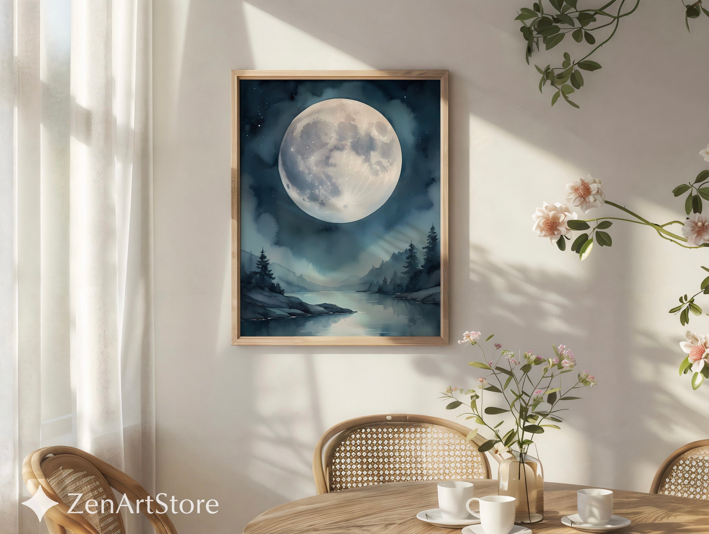 Ethereal Moonlit Lake Wall Art - Minimal Moon Landscape Print for Nordic Japandi Bedroom Decor