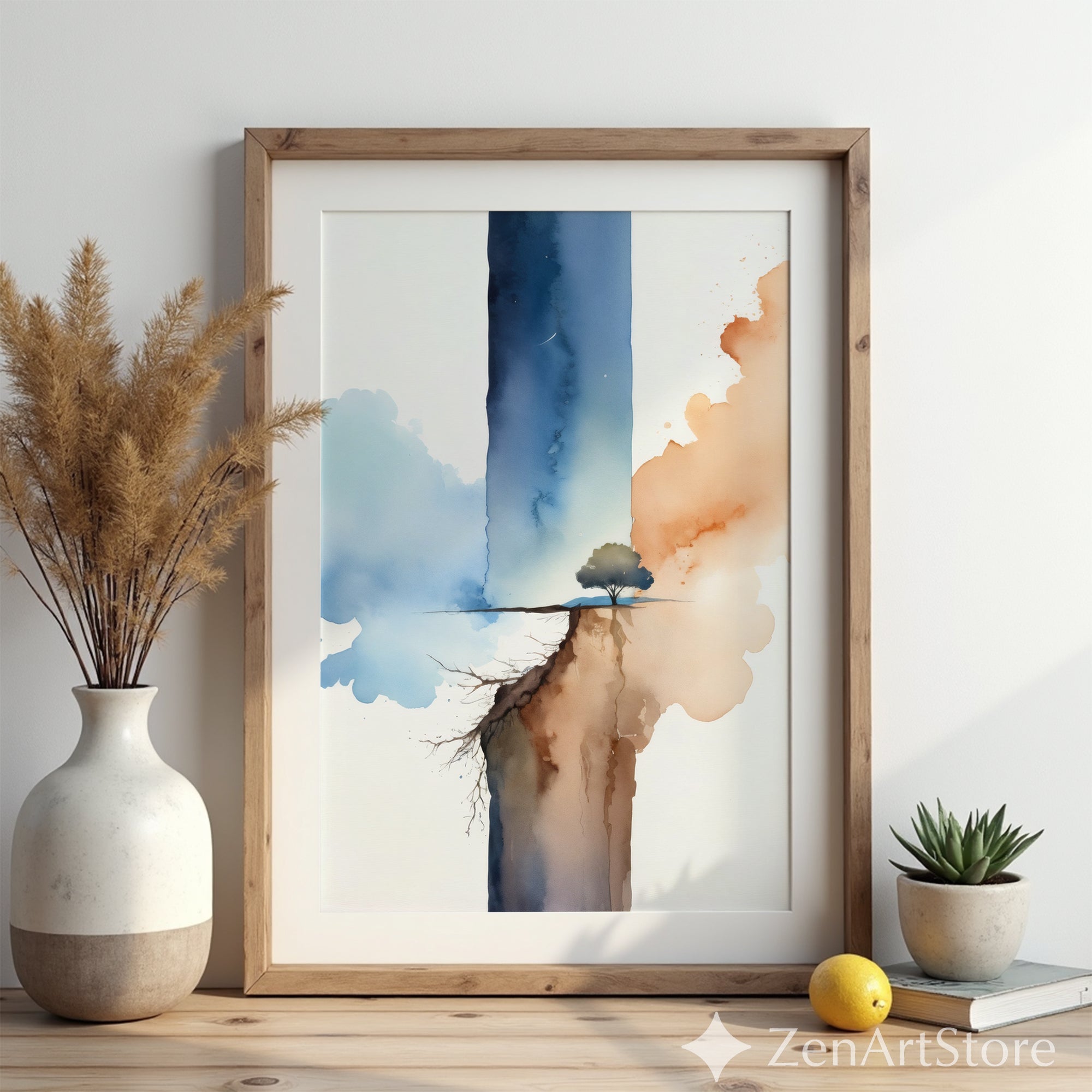 Ethereal Watercolor Tree Print - Minimal Abstract Landscape Art for Zen Neutral Home Decor, Japandi Living Room Wall Art