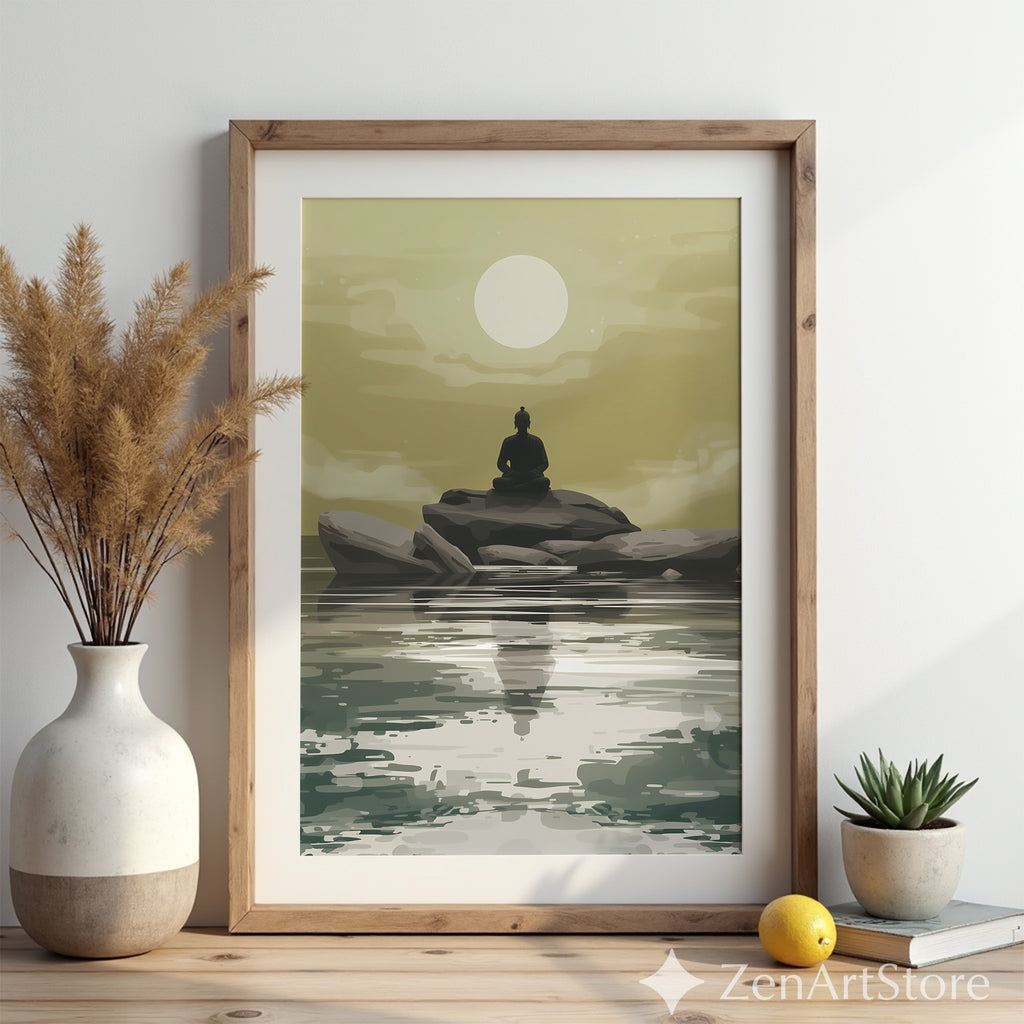Zen Buddha Minimalist Wall Art - Meditative Landscape Print in Neutral Beige & Green for Japandi, Scandinavian Home Decor