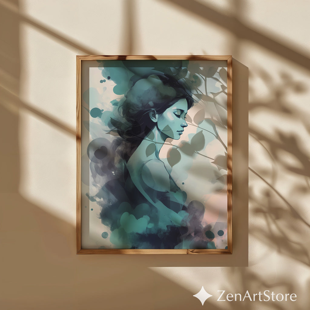 Dreamy Teal Woman Abstract Portrait Art Print - Calm Minimal Wall Art for Bedroom, Living Room, Japandi & Scandinavian Decor