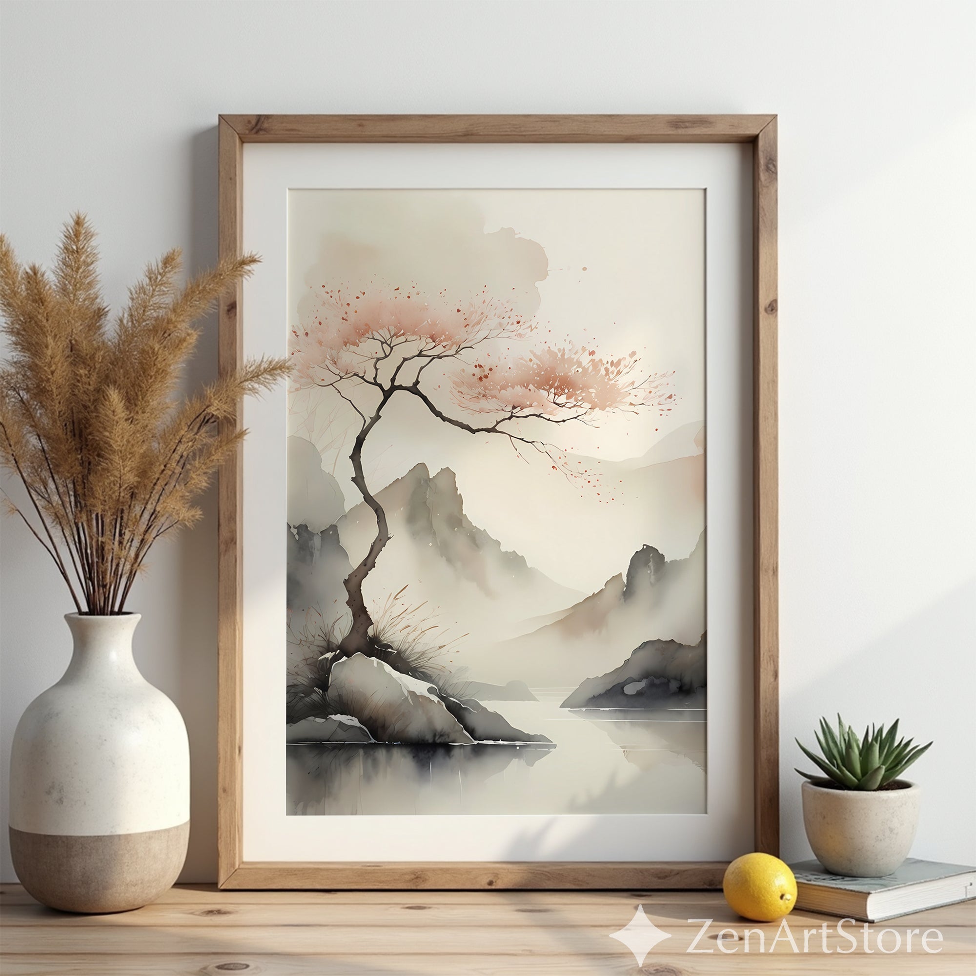 Serene Japandi Watercolor Landscape Print - Minimal Cherry Blossom Tree, Zen Wabi Sabi Wall Art for Living Room