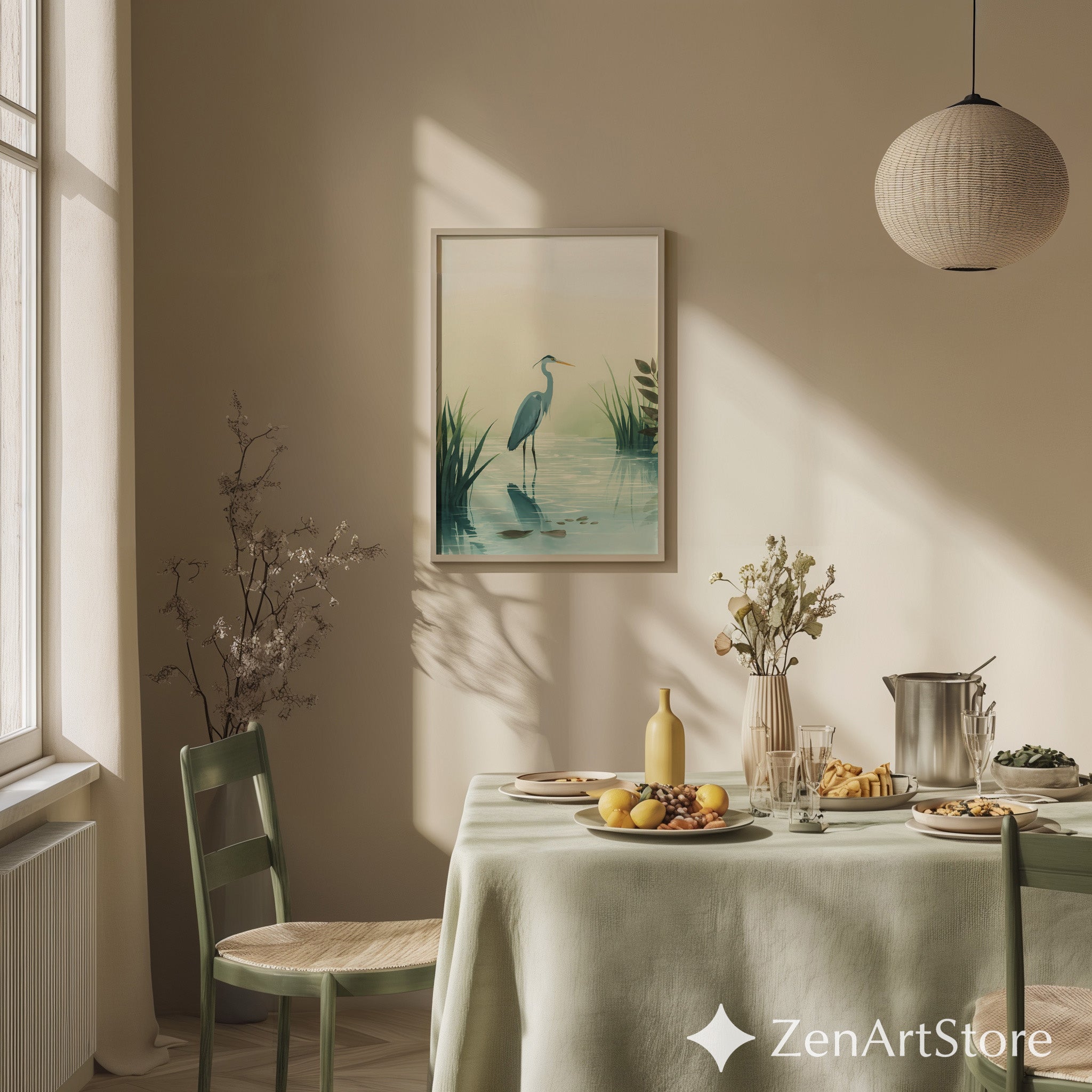 Calm Heron Wetland Wall Art - Minimal Botanical Bird Print for Japandi & Scandinavian Neutral Home Decor