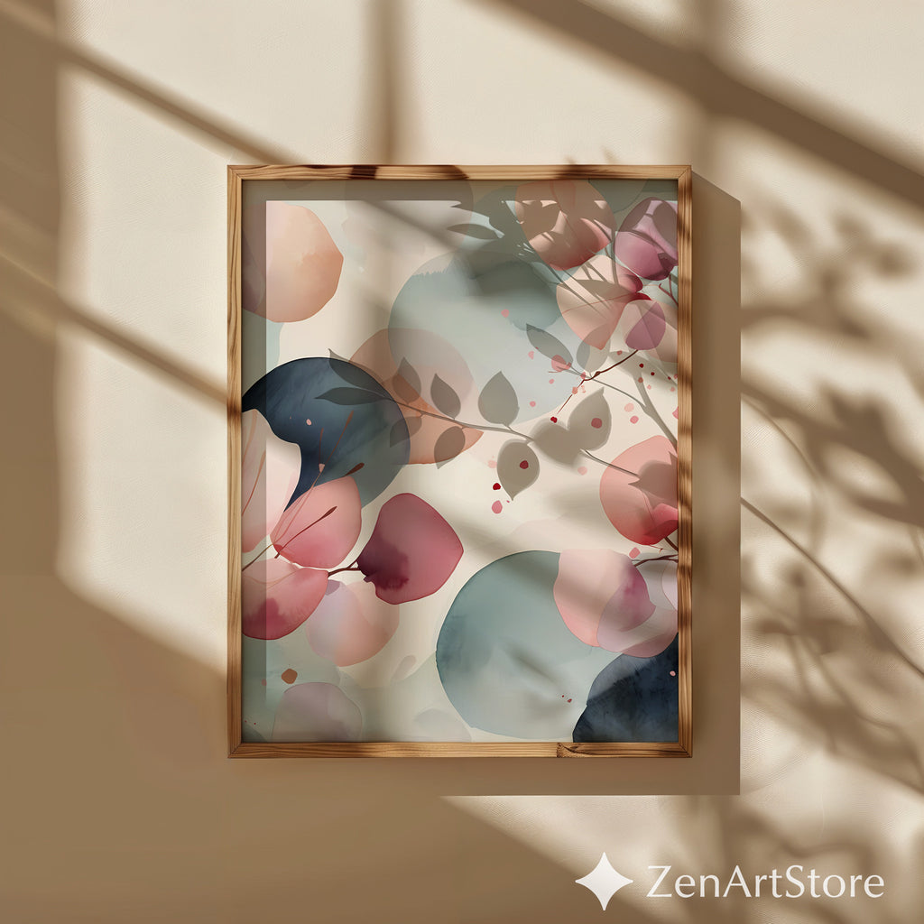 Zen Minimal Japanese Abstract Printable Wall Art - Soft Pink & Teal Watercolor Eucalyptus