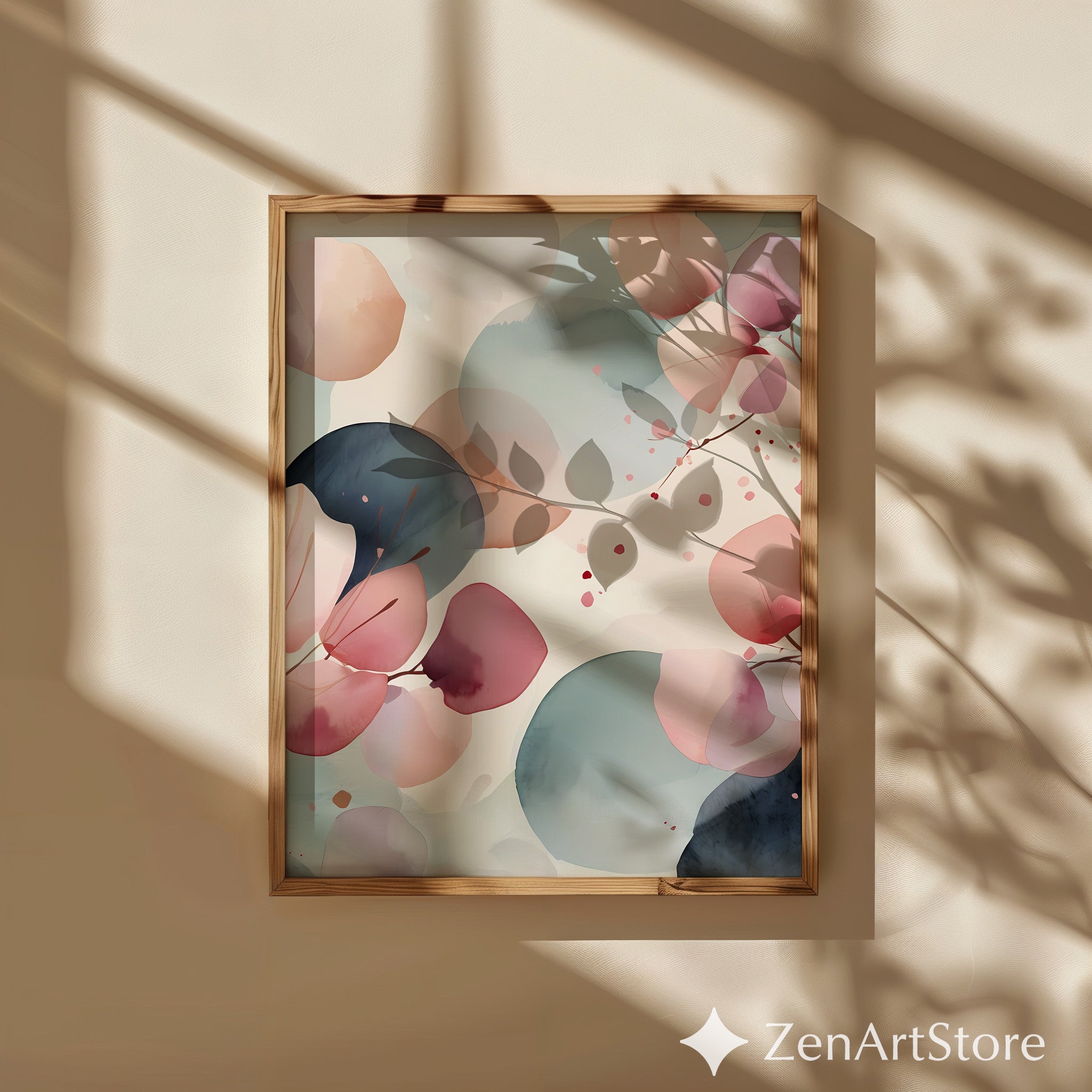 Zen Minimal Japanese Abstract Printable Wall Art - Soft Pink & Teal Watercolor Eucalyptus