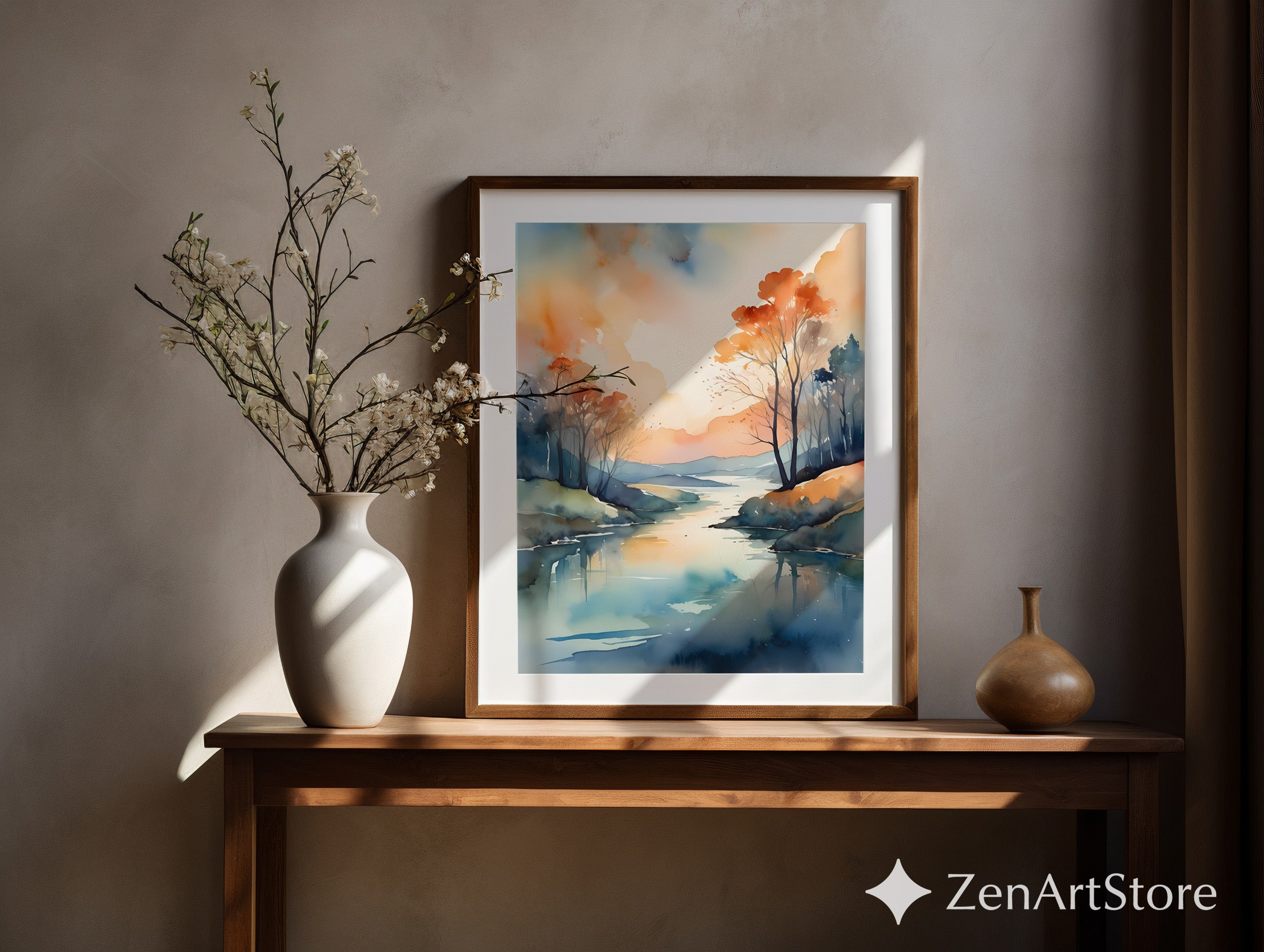 Serene Watercolor Landscape Print - Abstract Lake Sunset Wall Art for Zen, Japandi & Minimal Home Decor