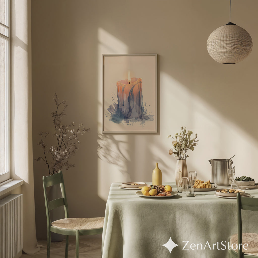 Melting Candle Minimal Art Print - Wabi Sabi Japandi Neutral Wall Decor, Beige Blue Abstract Candle Painting