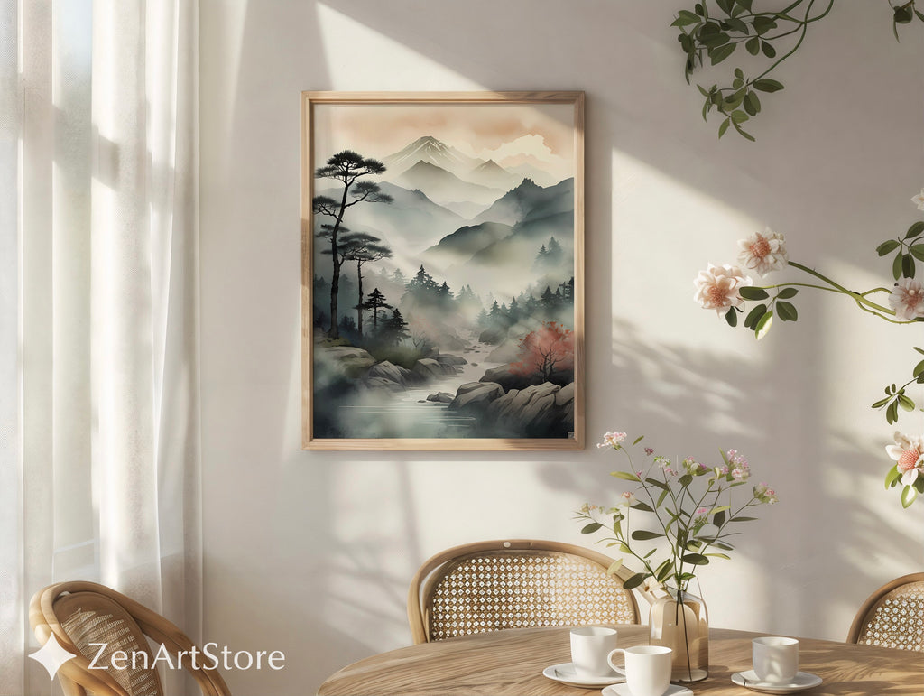 Zen Japanese Mountain Mist Printable Wall Art - Minimal Sumi-e Landscape for Calm Home