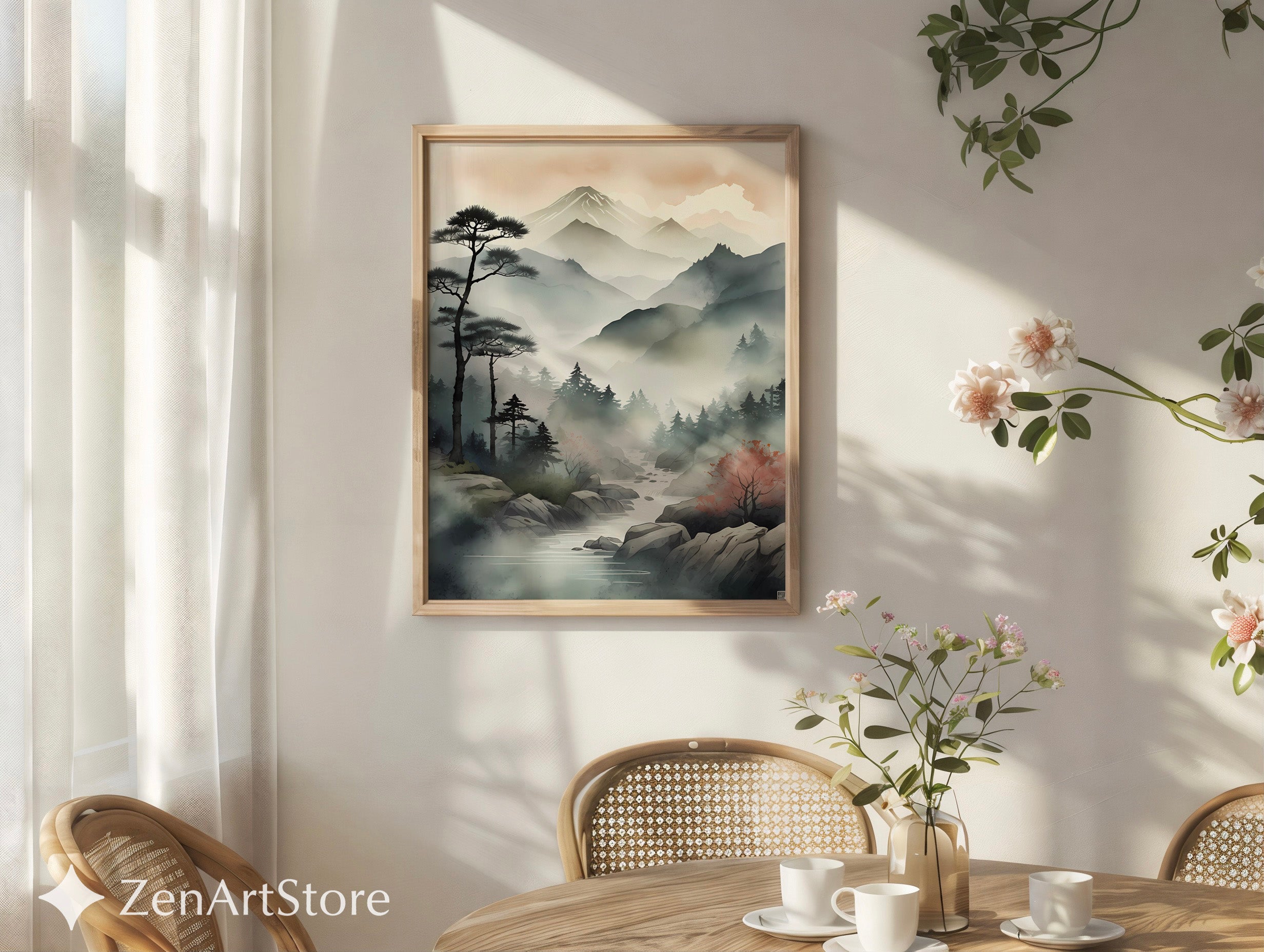 Zen Japanese Mountain Mist Printable Wall Art - Minimal Sumi-e Landscape for Calm Home