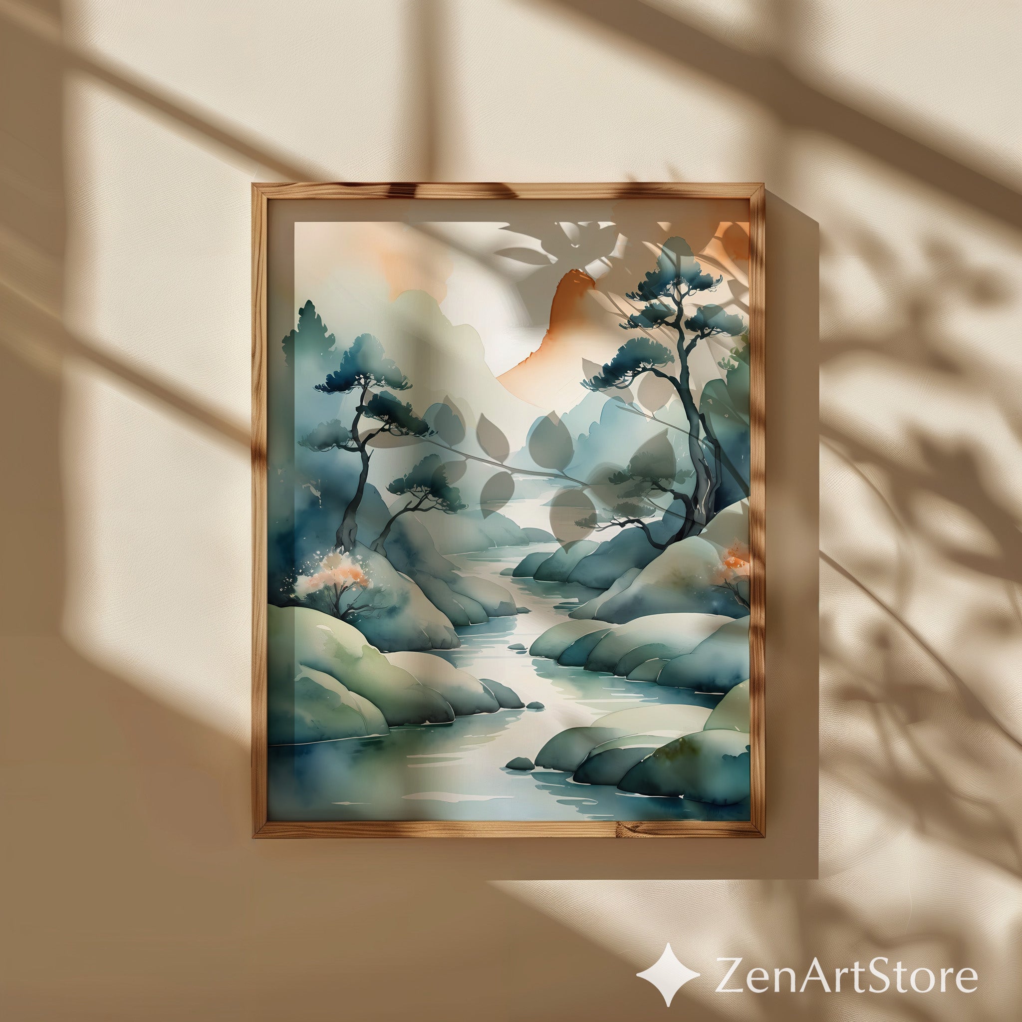 Serene Watercolor Japanese Landscape Print - Zen Japandi Minimalist Mountain River Wall Art