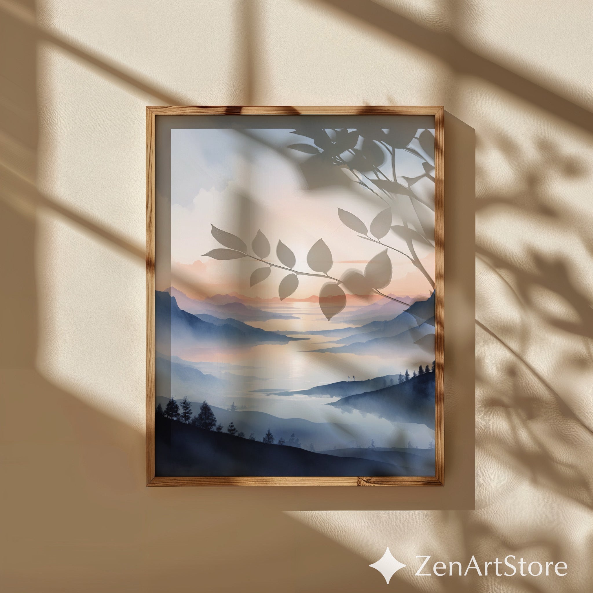 Misty Mountain Sunrise Wall Art Print - Calm Japandi Landscape Minimal Zen Home Decor