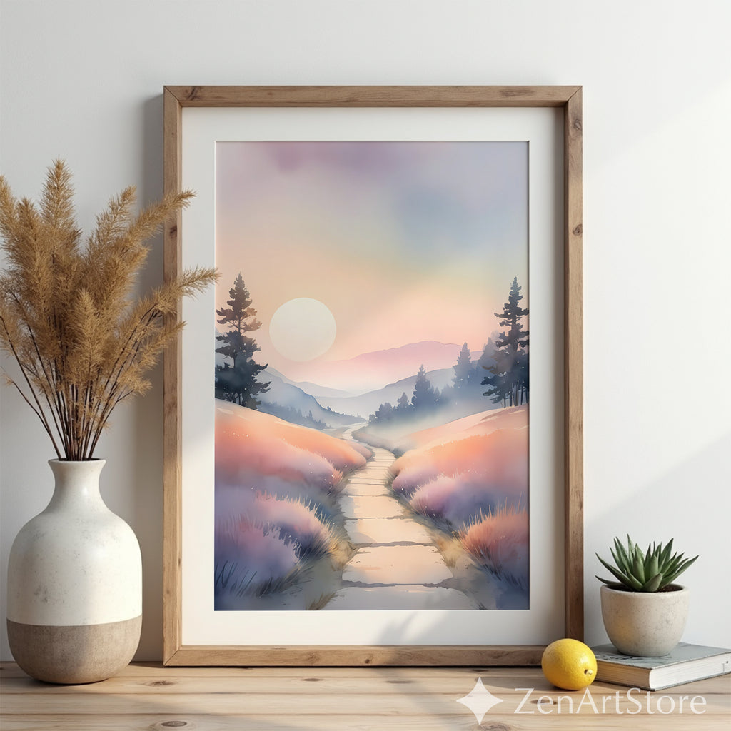 Misty Pastel Sunrise Landscape Print — Serene Pathway Wall Art for Zen, Japandi & Minimal Home Decor