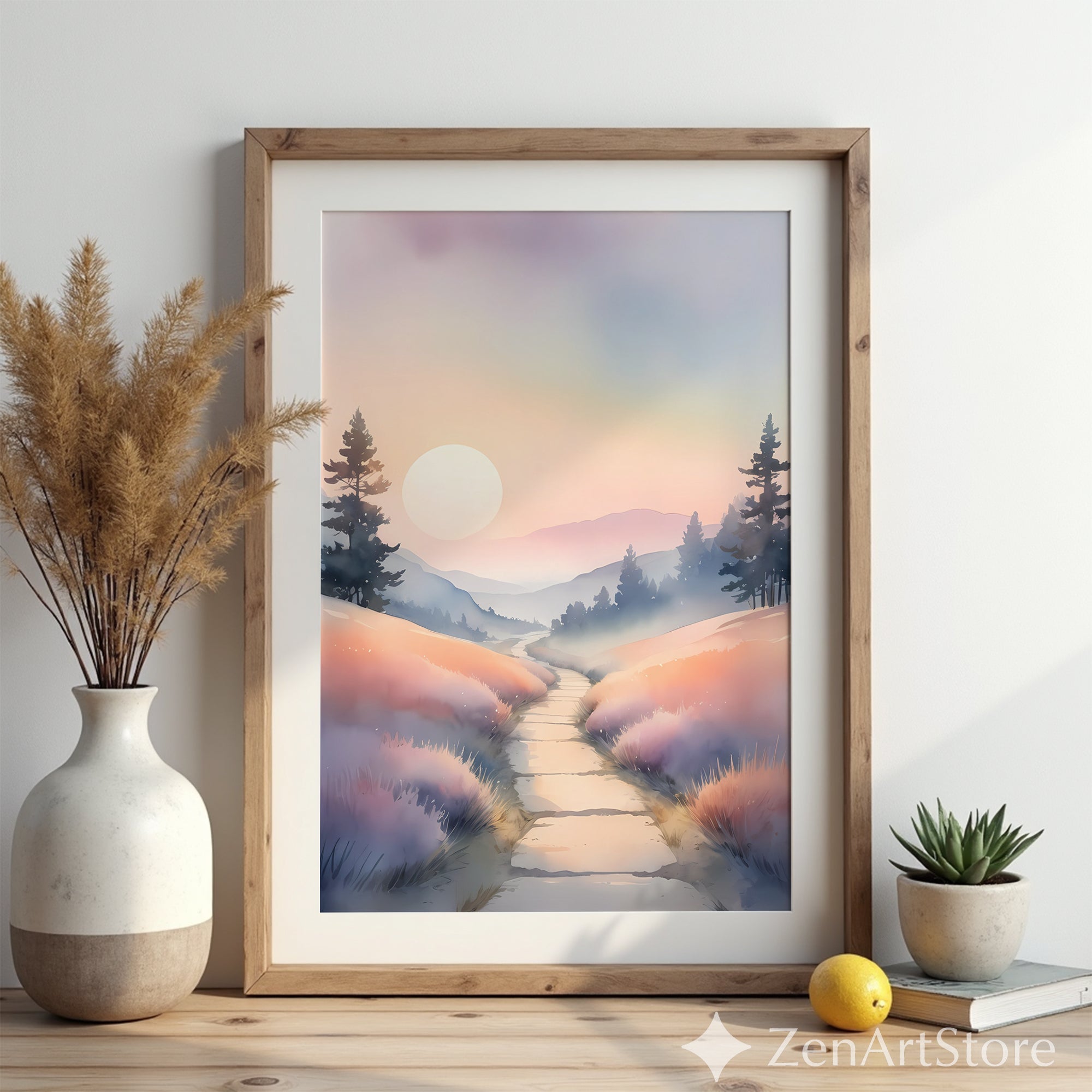 Misty Pastel Sunrise Landscape Print — Serene Pathway Wall Art for Zen, Japandi & Minimal Home Decor