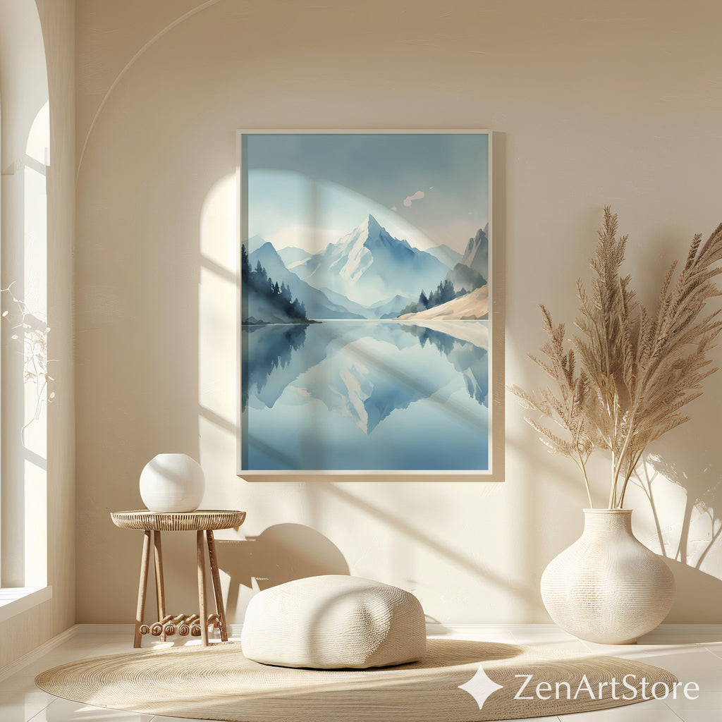 Calm Mountain Lake Wall Art Print - Minimal Blue Landscape Reflection, Scandinavian Zen Home Decor, Japandi Neutral Poster